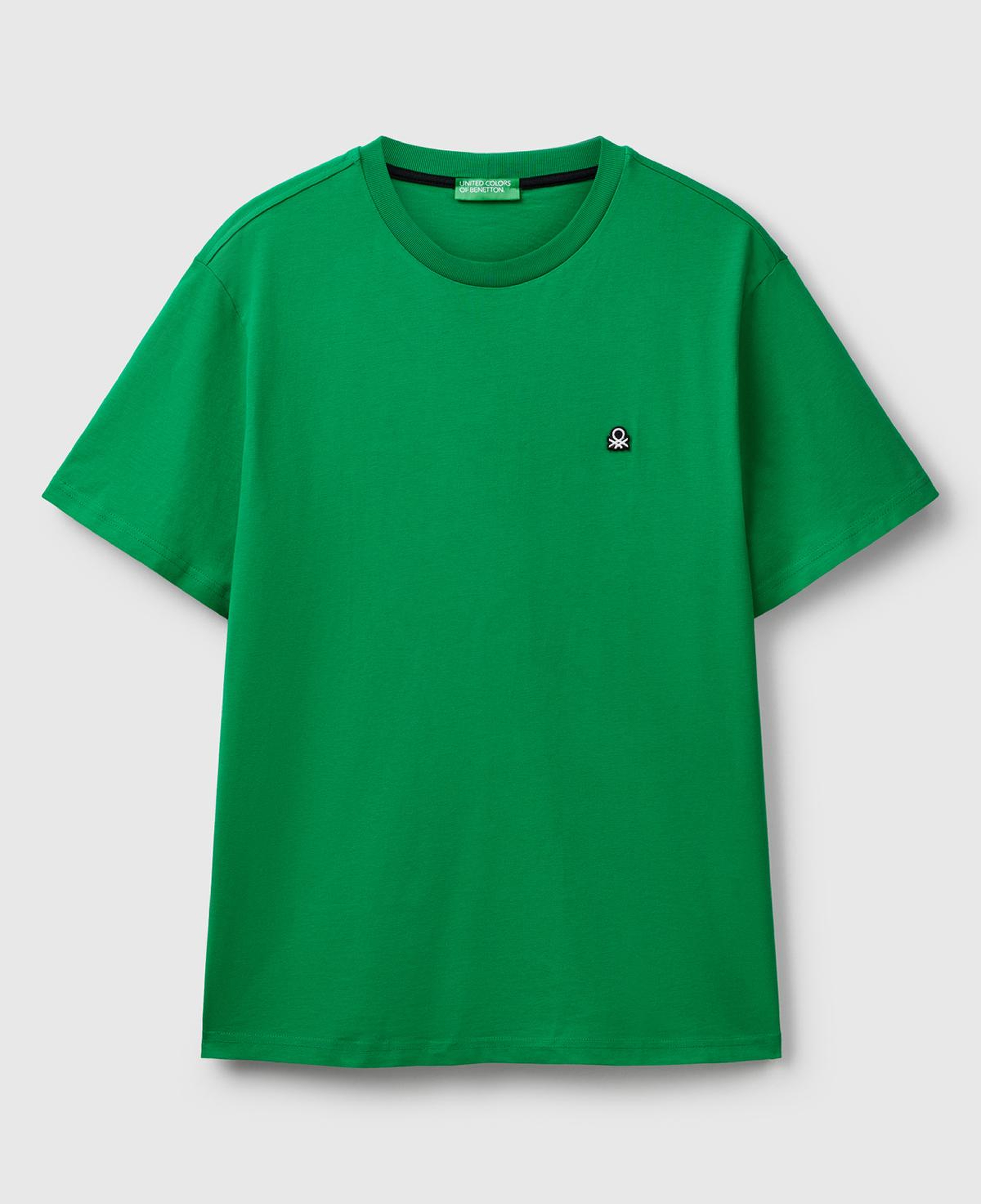 Erkek Yeşil %100 Koton Benetton Logolu Bisiklet Yaka T-Shirt