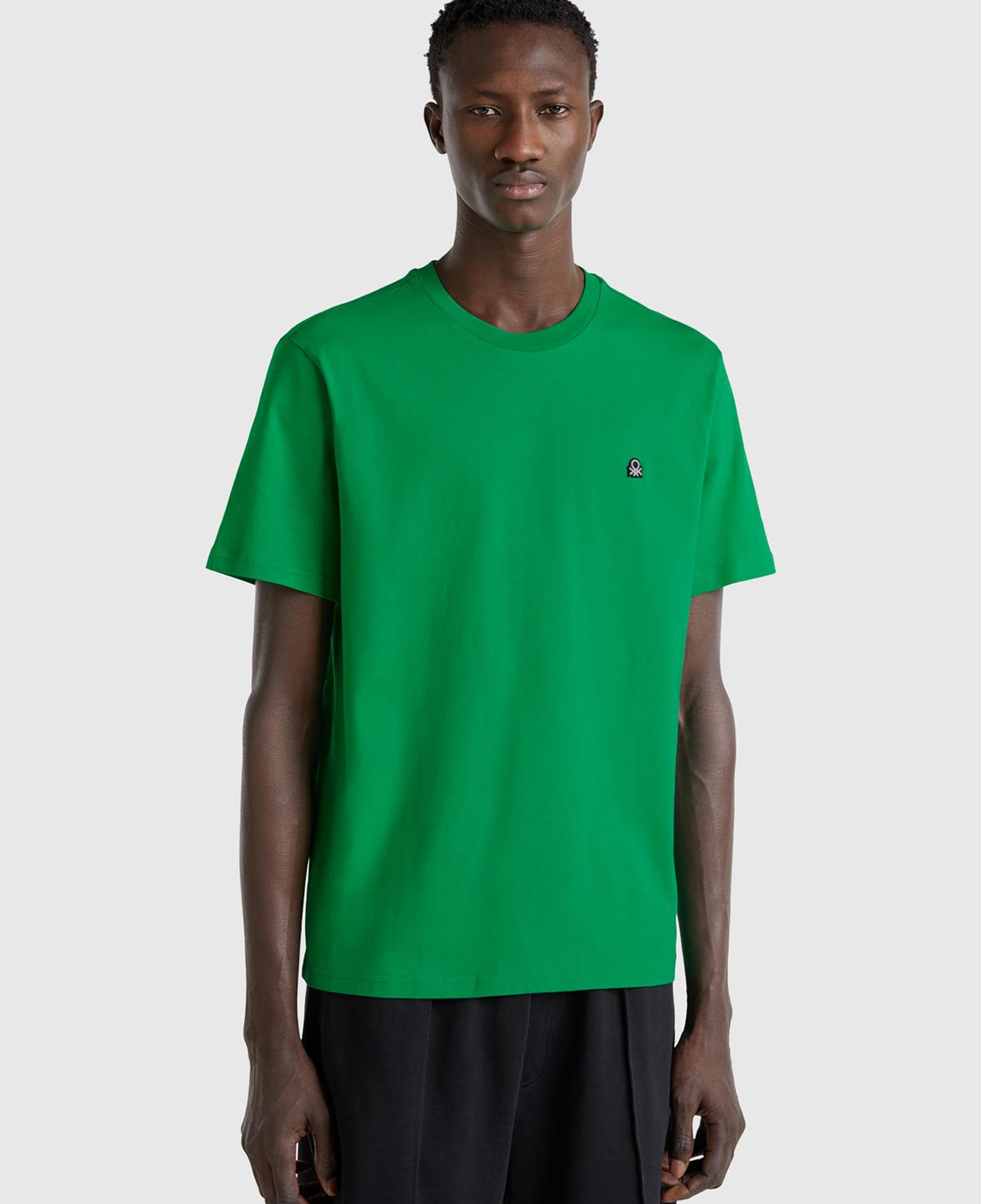 Erkek Yeşil %100 Koton Benetton Logolu Bisiklet Yaka T-Shirt