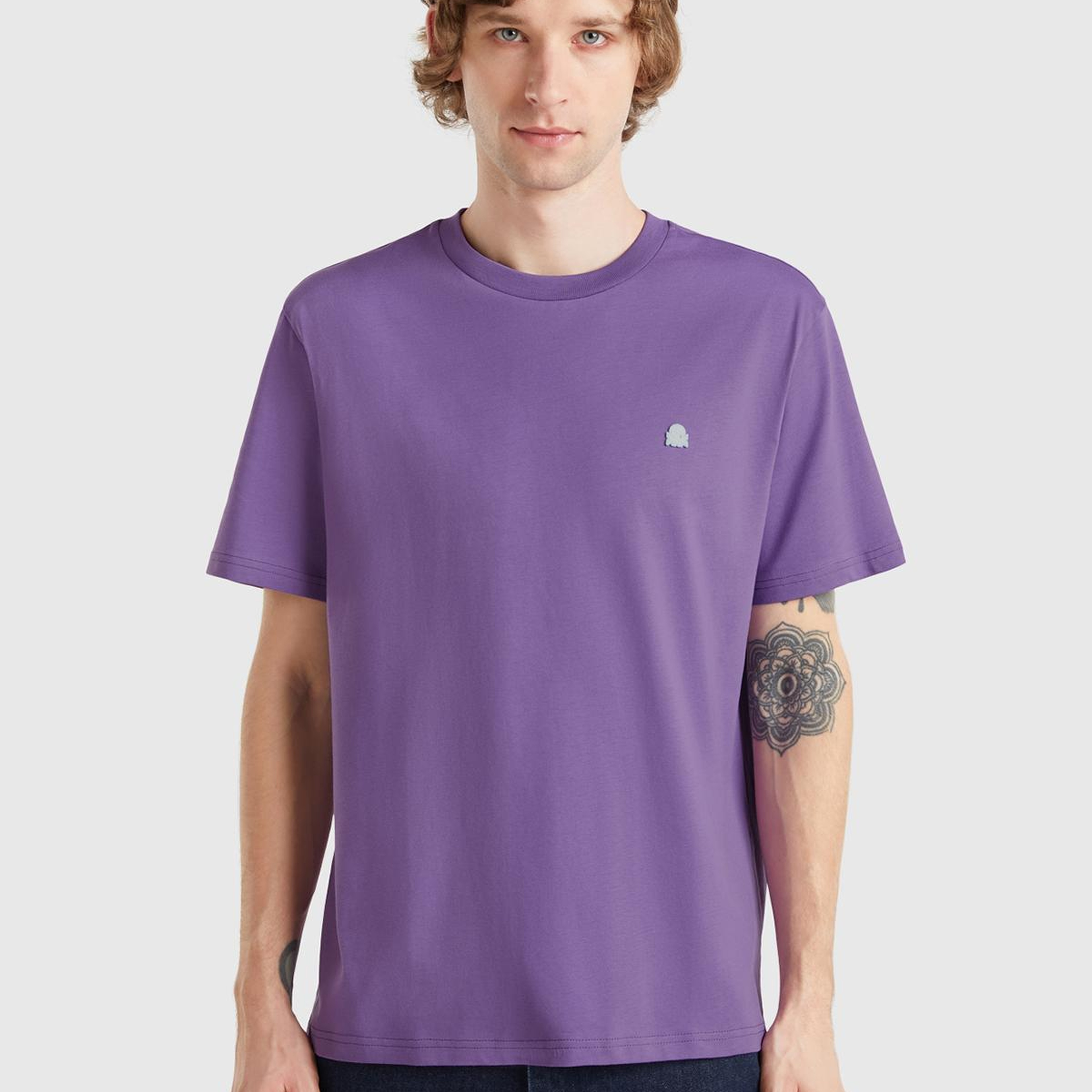 Erkek Mor %100 Koton Benetton Logolu Bisiklet Yaka T-Shirt