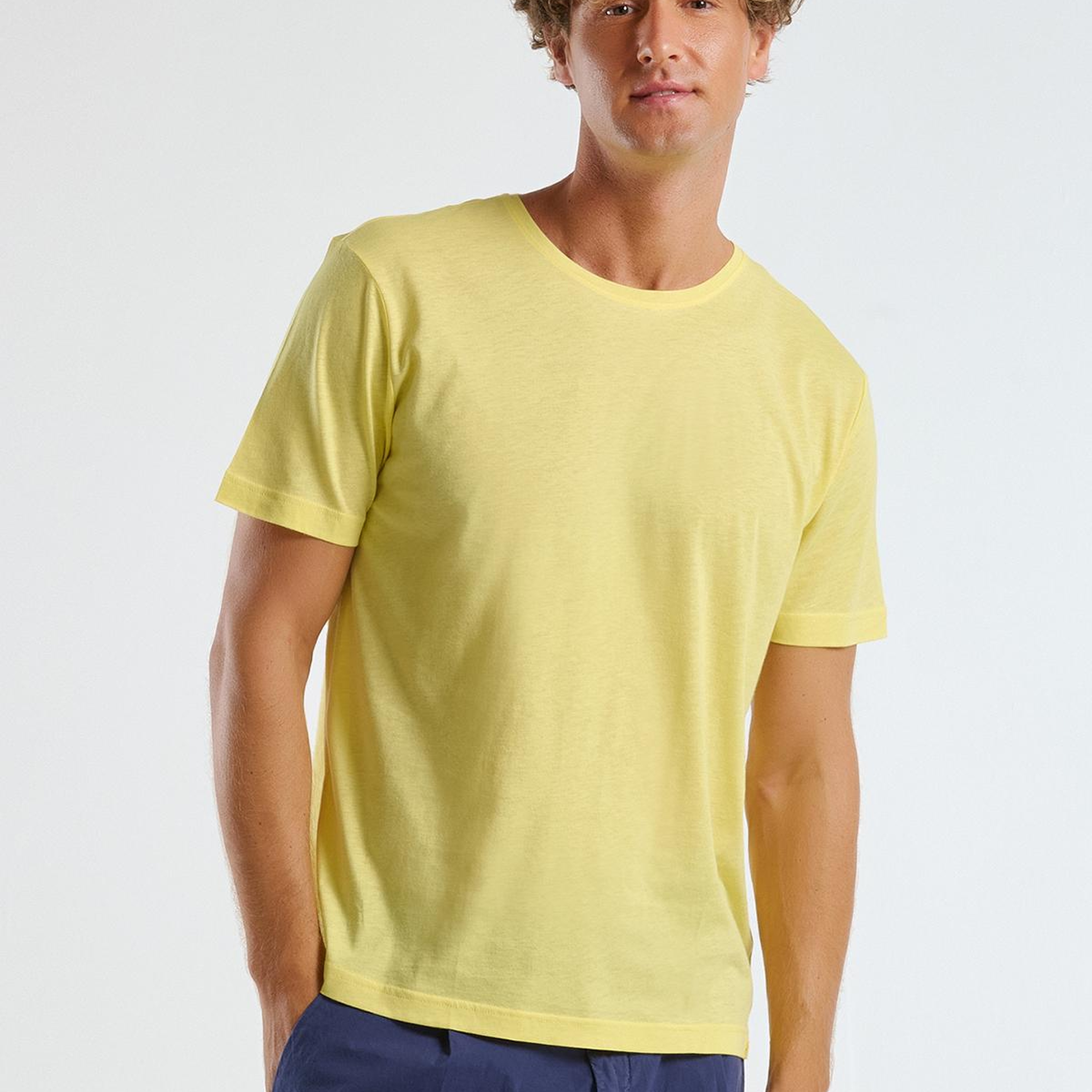 Erkek Sarı %100 Koton Bisiklet Yaka T-Shirt