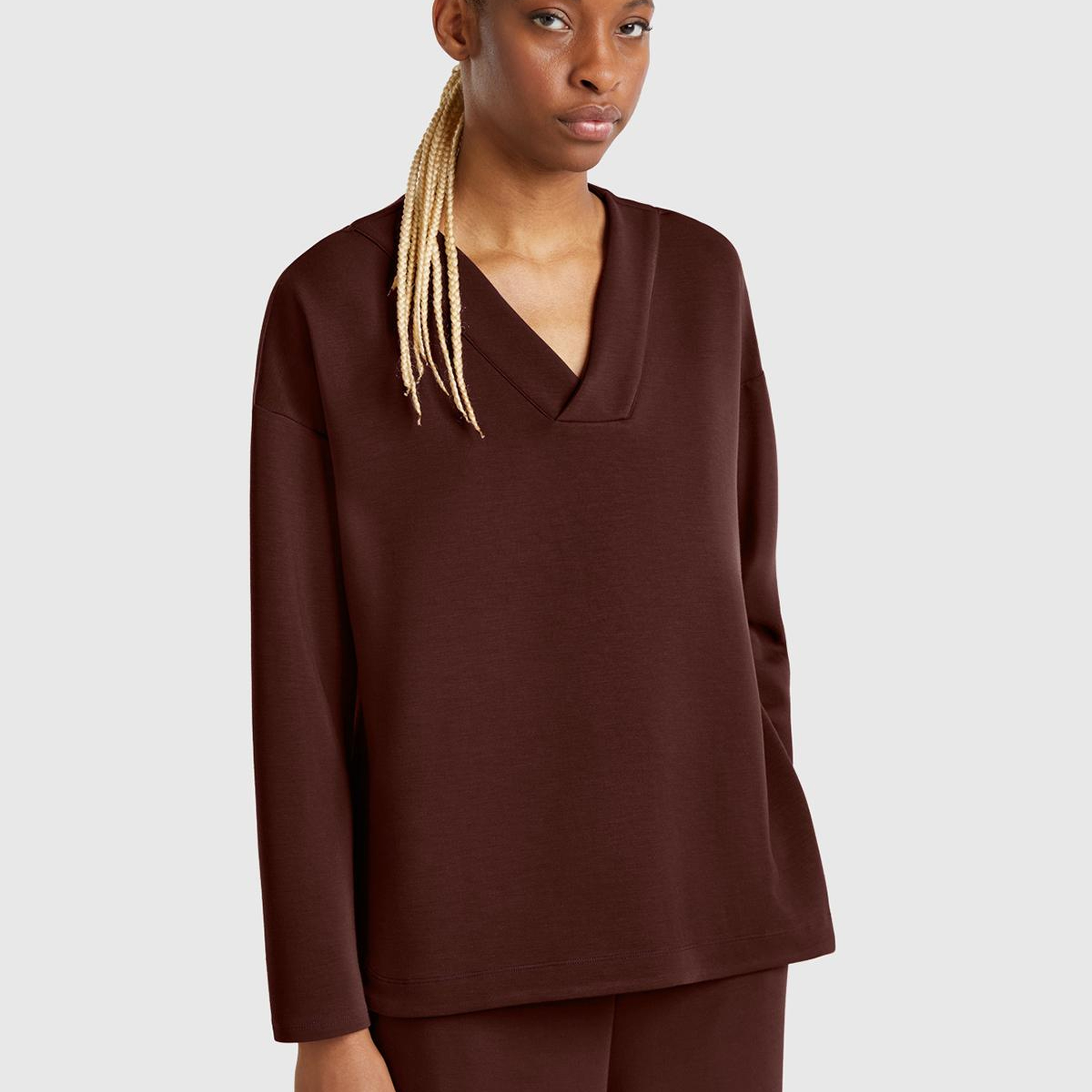 Kadın Kahverengi Modal Karışımlı V Yaka Uzun Kollu Sweatshirt