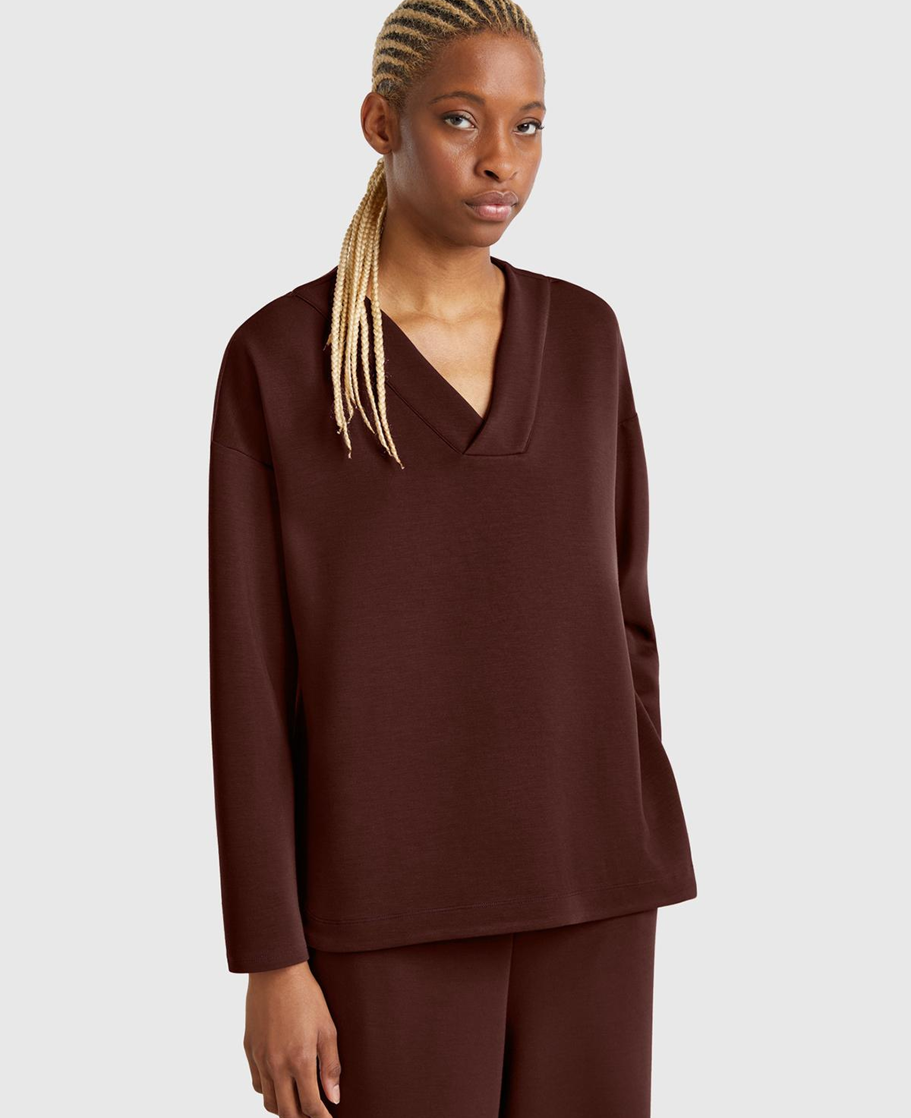 Kadın Kahverengi Modal Karışımlı V Yaka Uzun Kollu Sweatshirt