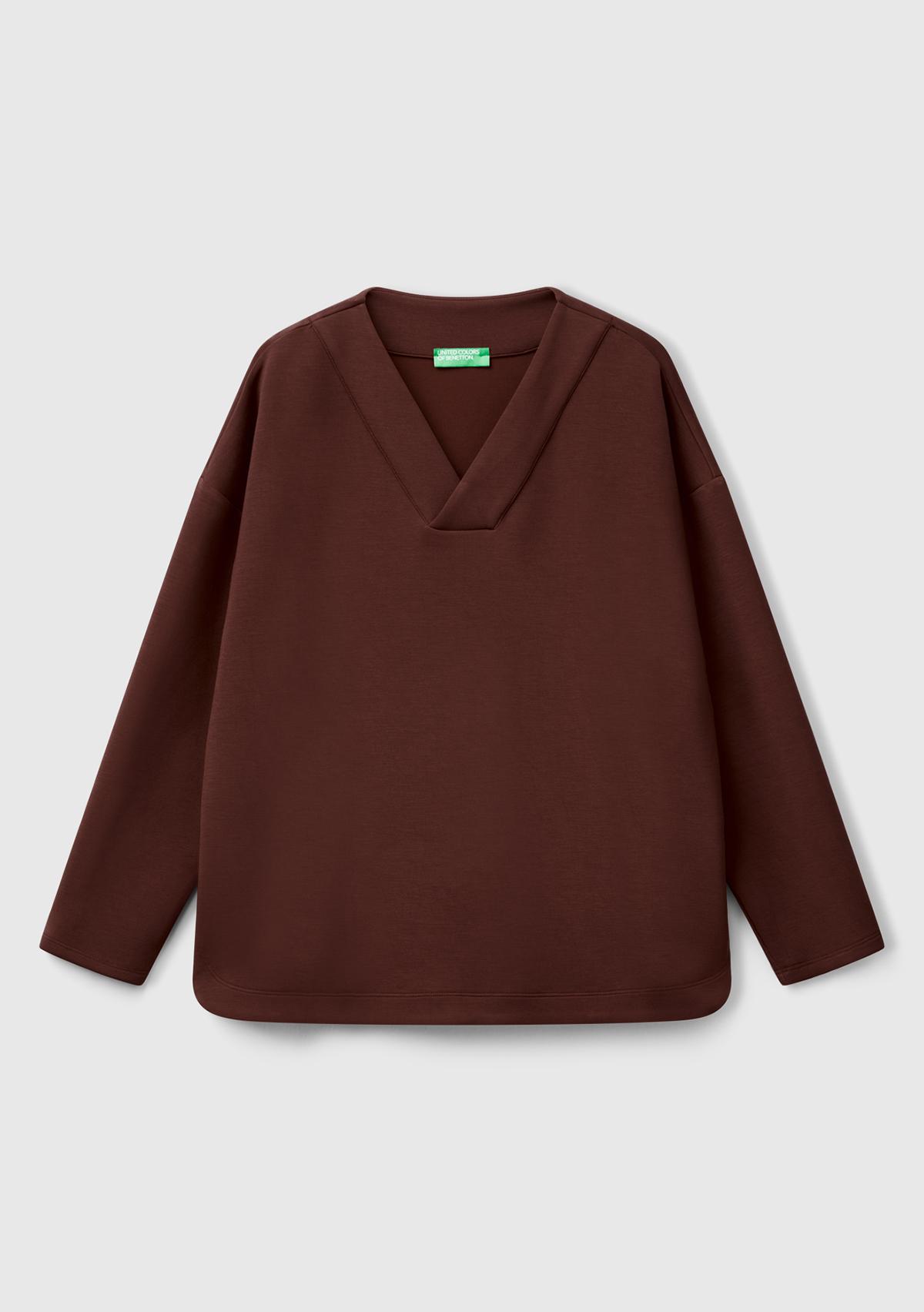 Kadın Kahverengi Modal Karışımlı V Yaka Uzun Kollu Sweatshirt