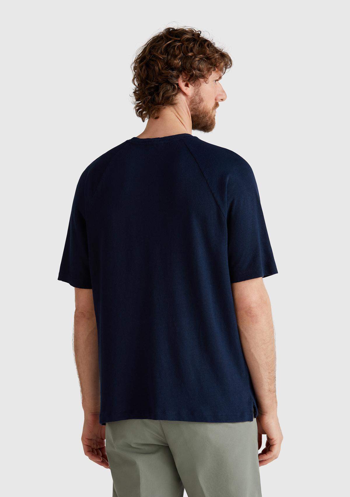 Erkek Lacivert Pamuk ve Keten Karışımlı Reglan Kol Relax Fit T-Shirt