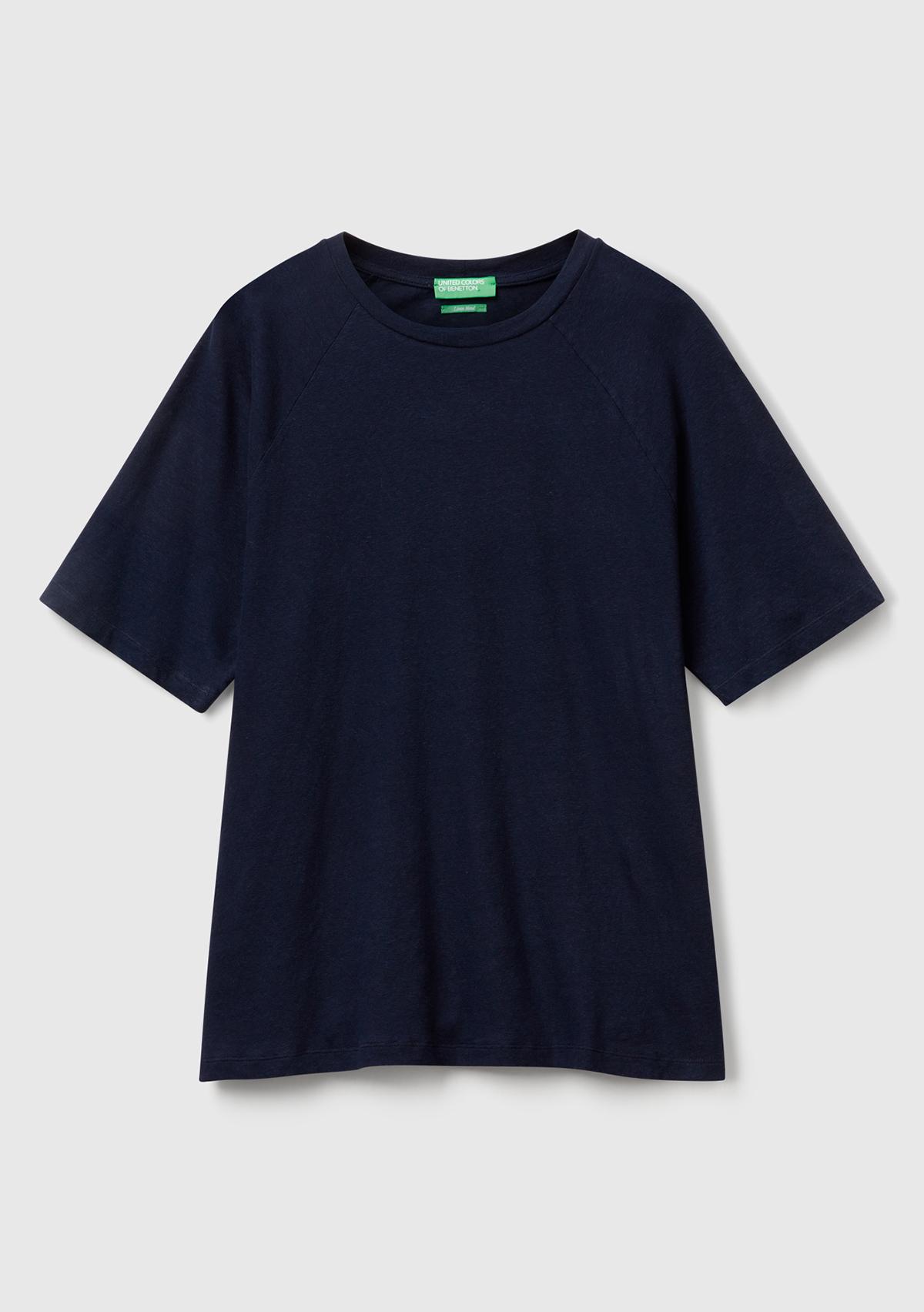 Erkek Lacivert Pamuk ve Keten Karışımlı Reglan Kol Relax Fit T-Shirt