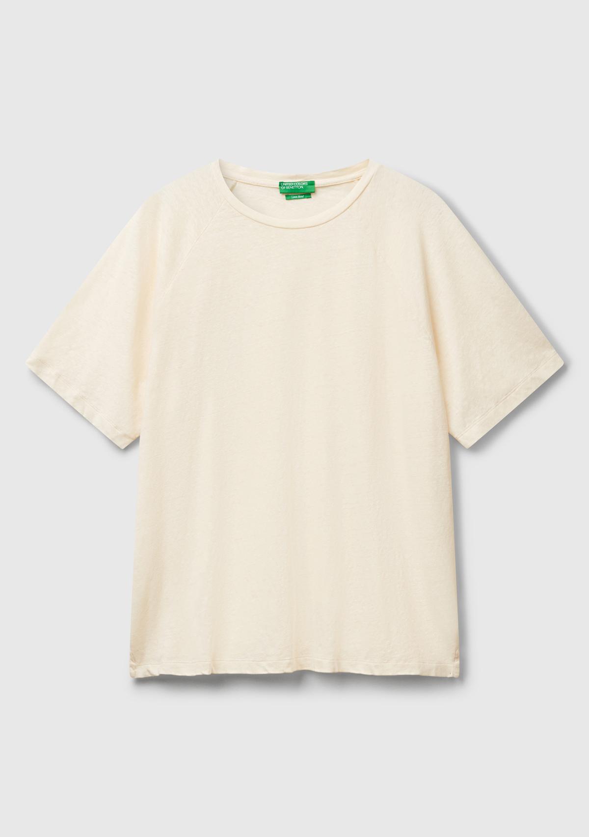 Erkek Taş Rengi Pamuk ve Keten Karışımlı Reglan Kol Relax Fit T-Shirt