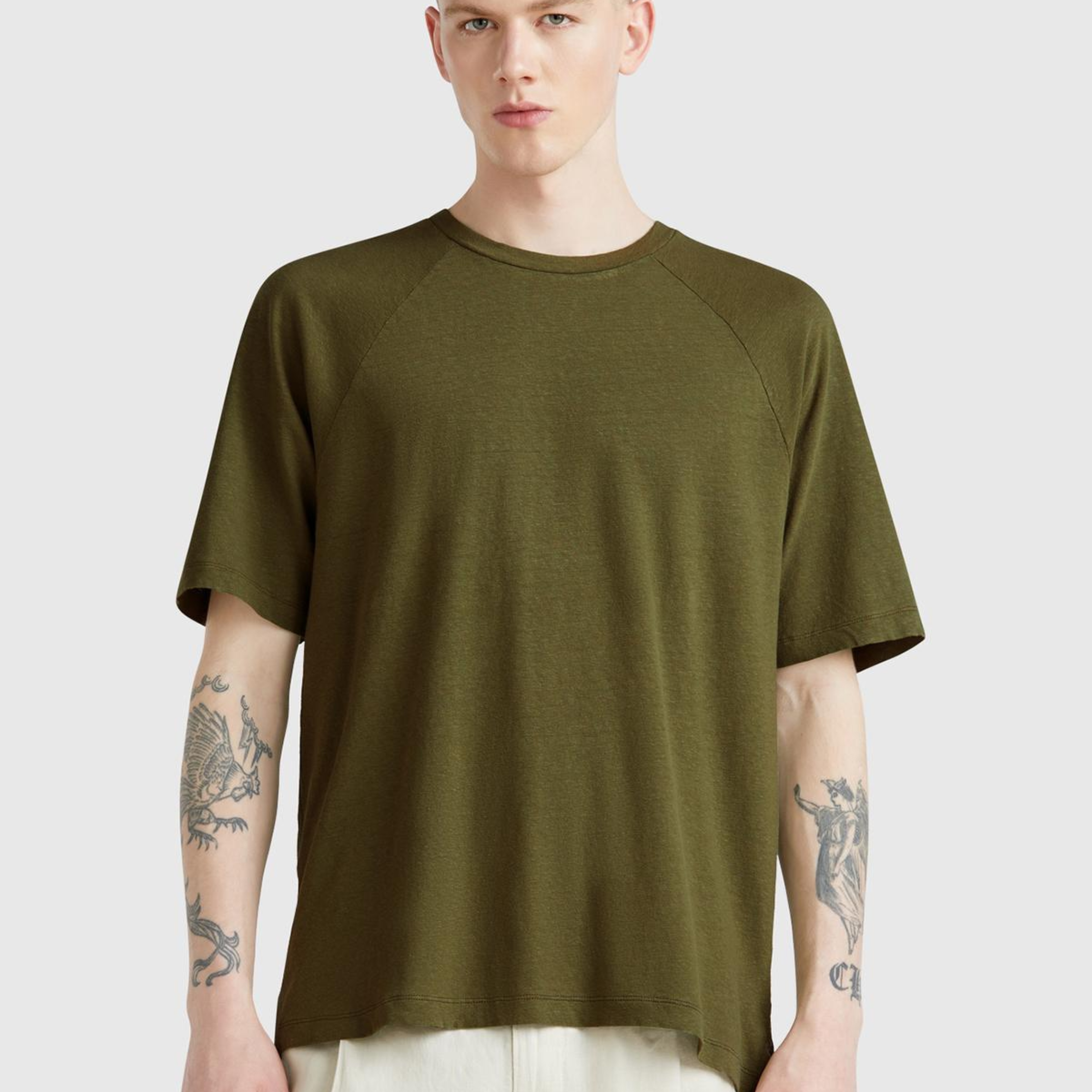 Erkek Haki Pamuk ve Keten Karışımlı Reglan Kol Relax Fit T-Shirt