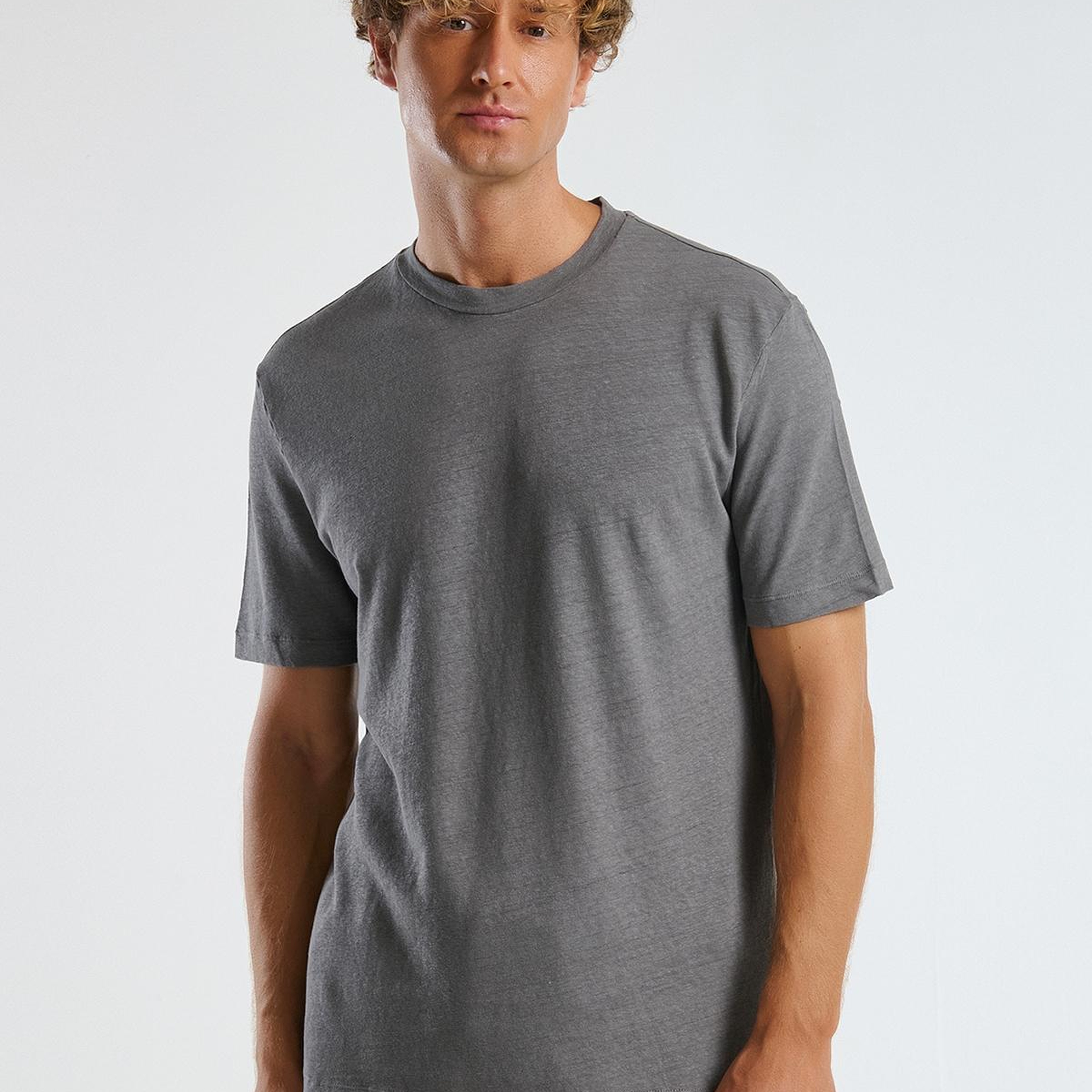 Erkek Gri Keten Karışımlı Regular Fit  T-Shirt