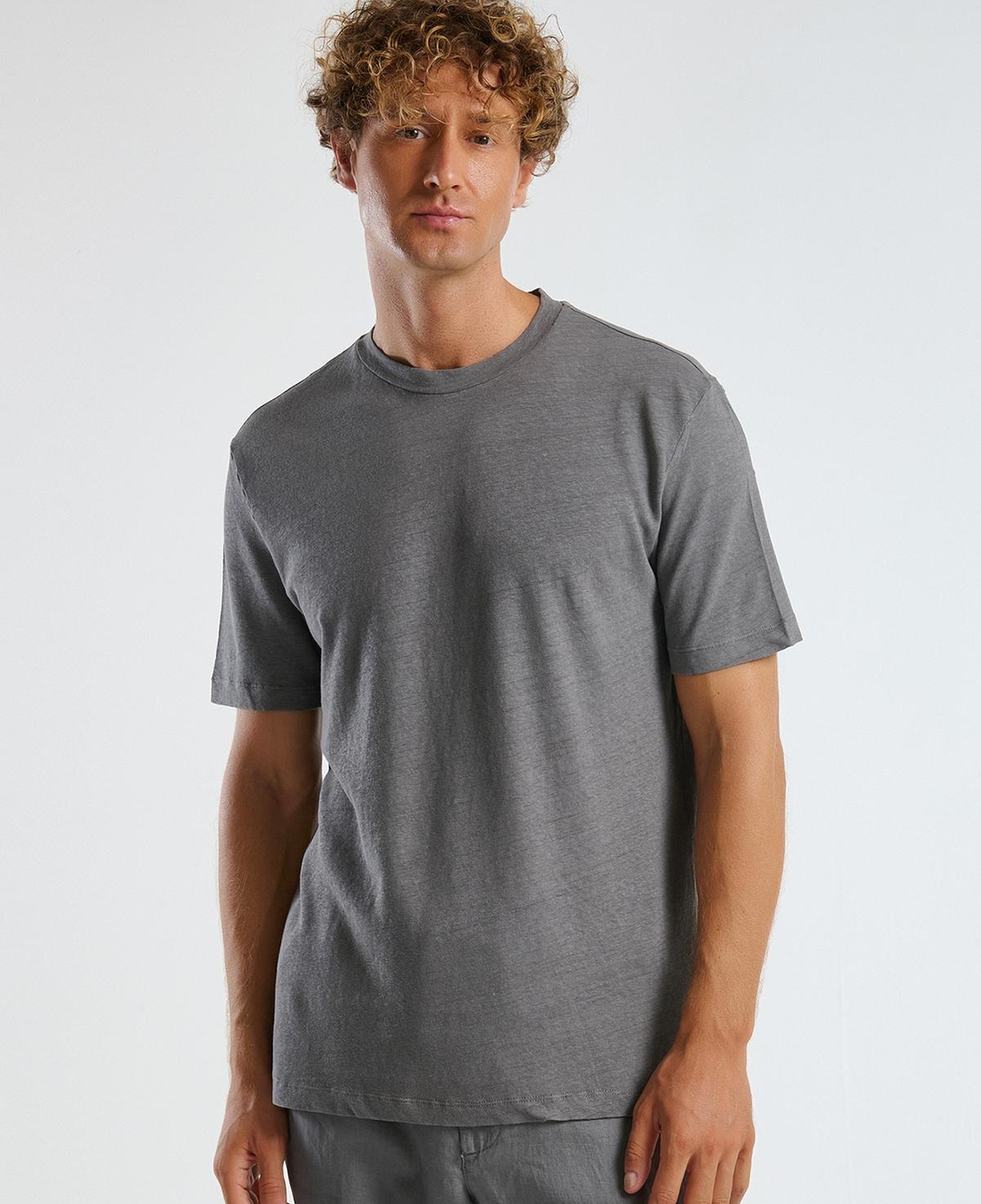 Erkek Gri Keten Karışımlı Regular Fit  T-Shirt