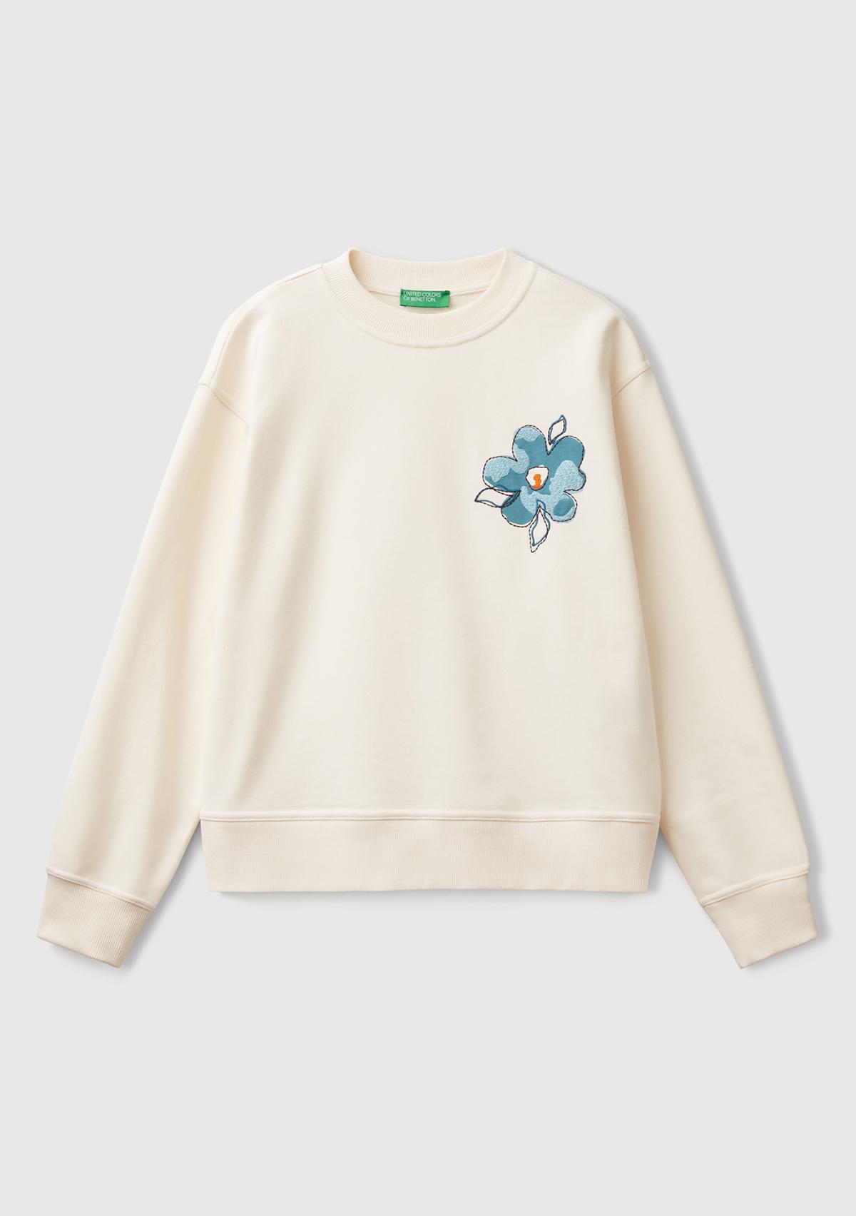 Kadın Krem Koton Karışımlı Çiçek Desenli Sweatsihrt