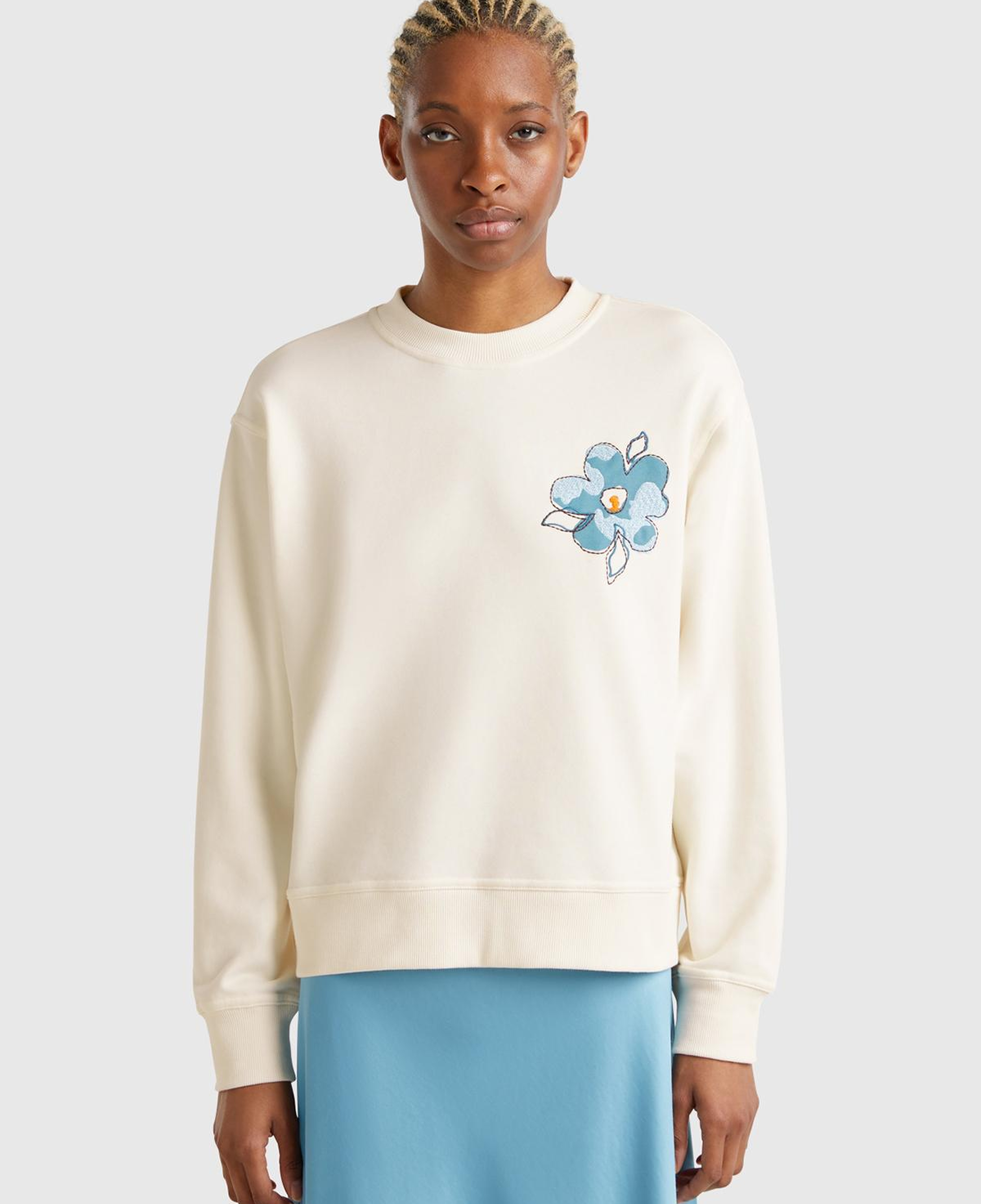 Kadın Krem Koton Karışımlı Çiçek Desenli Sweatsihrt