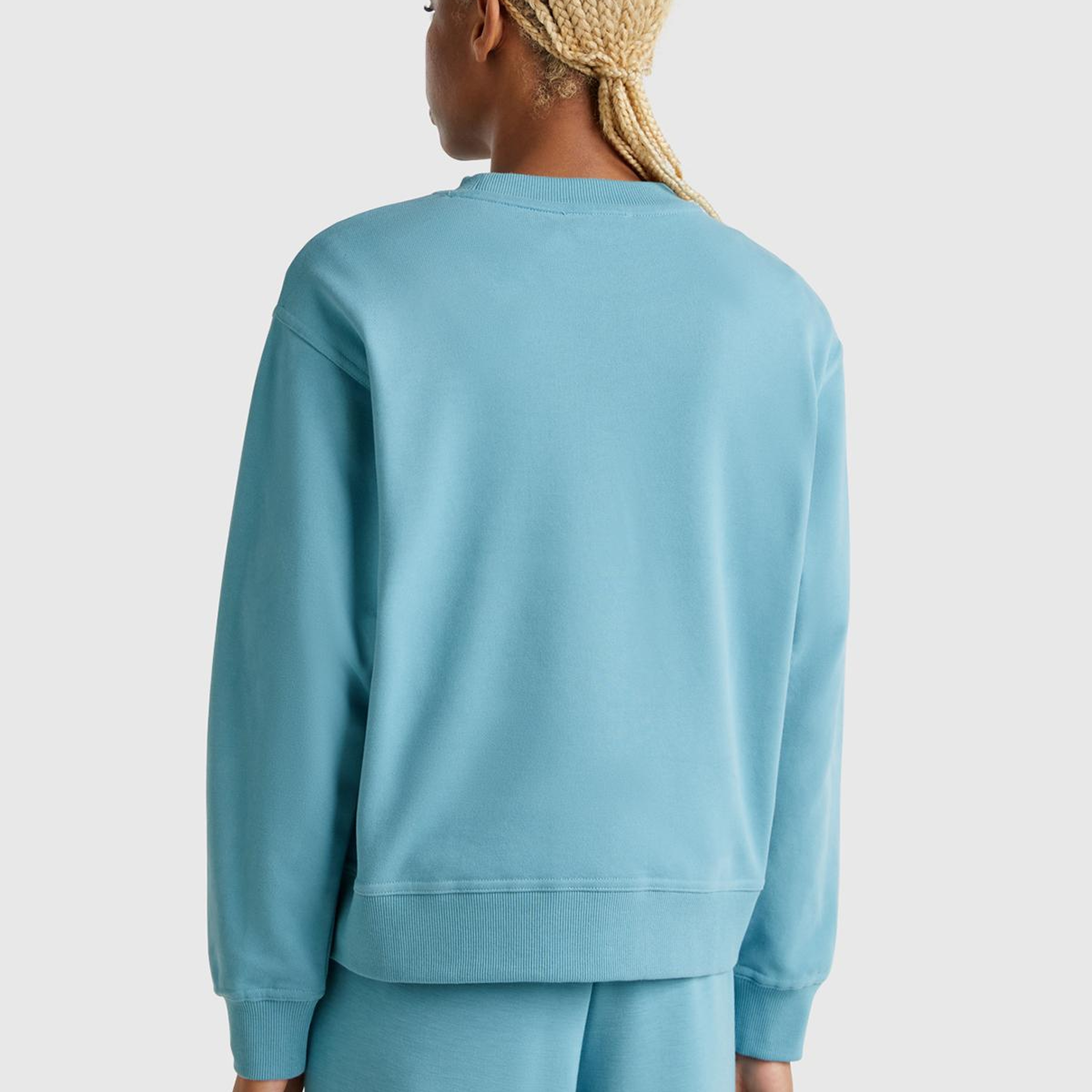 Kadın Mavi Koton Karışımlı Çiçek Desenli Sweatsihrt