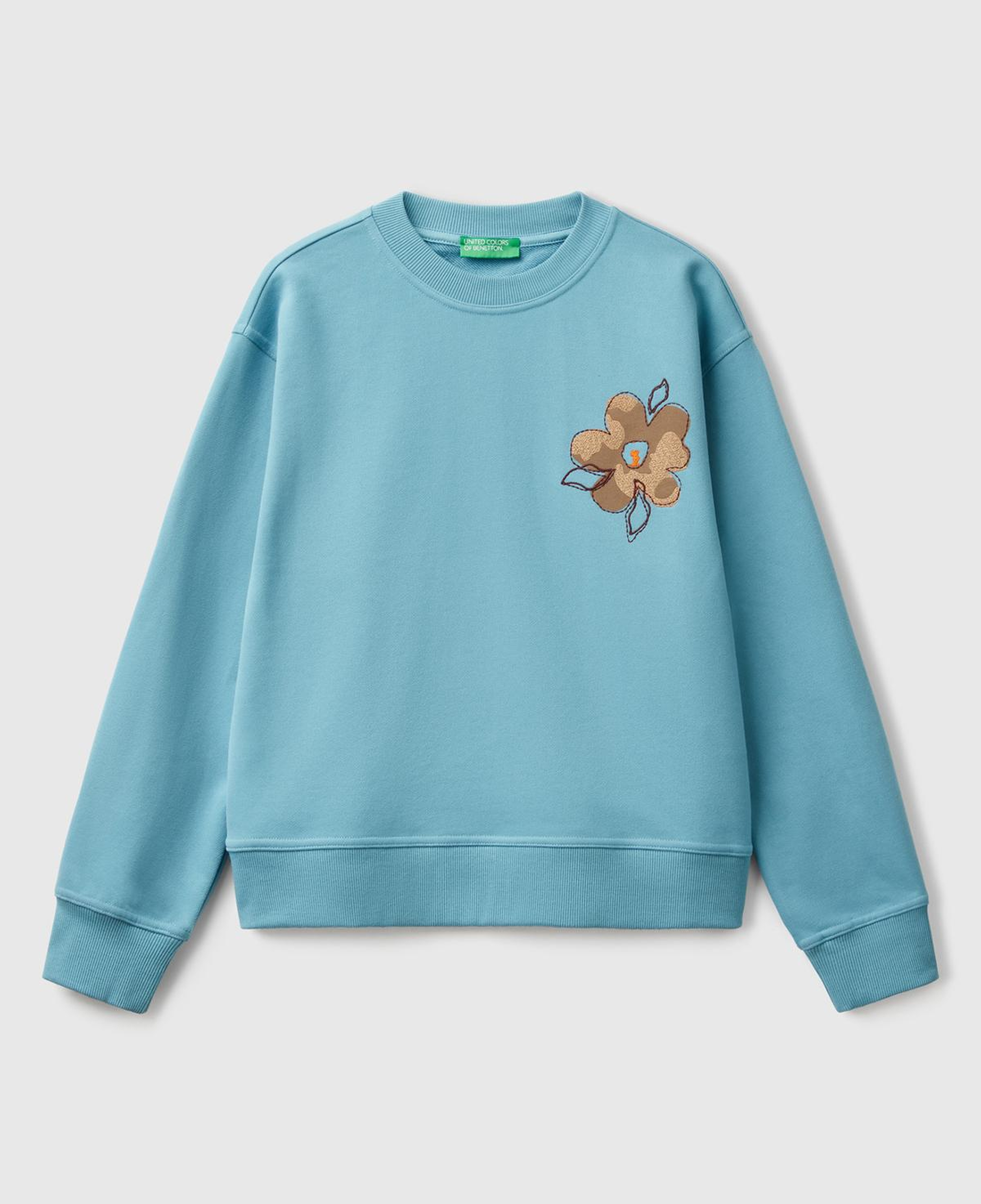 Kadın Mavi Koton Karışımlı Çiçek Desenli Sweatsihrt