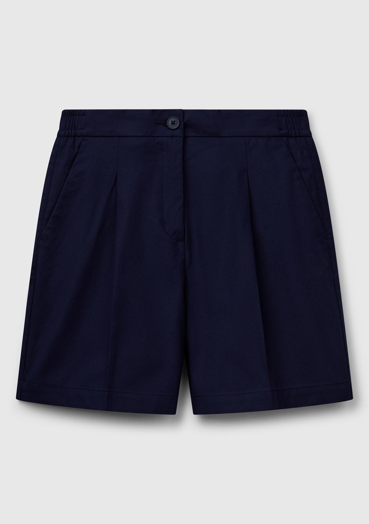 Kadın Lacivert Streç Pamuklu Arka Beli Lastikli Straight Fit Bermuda Şort