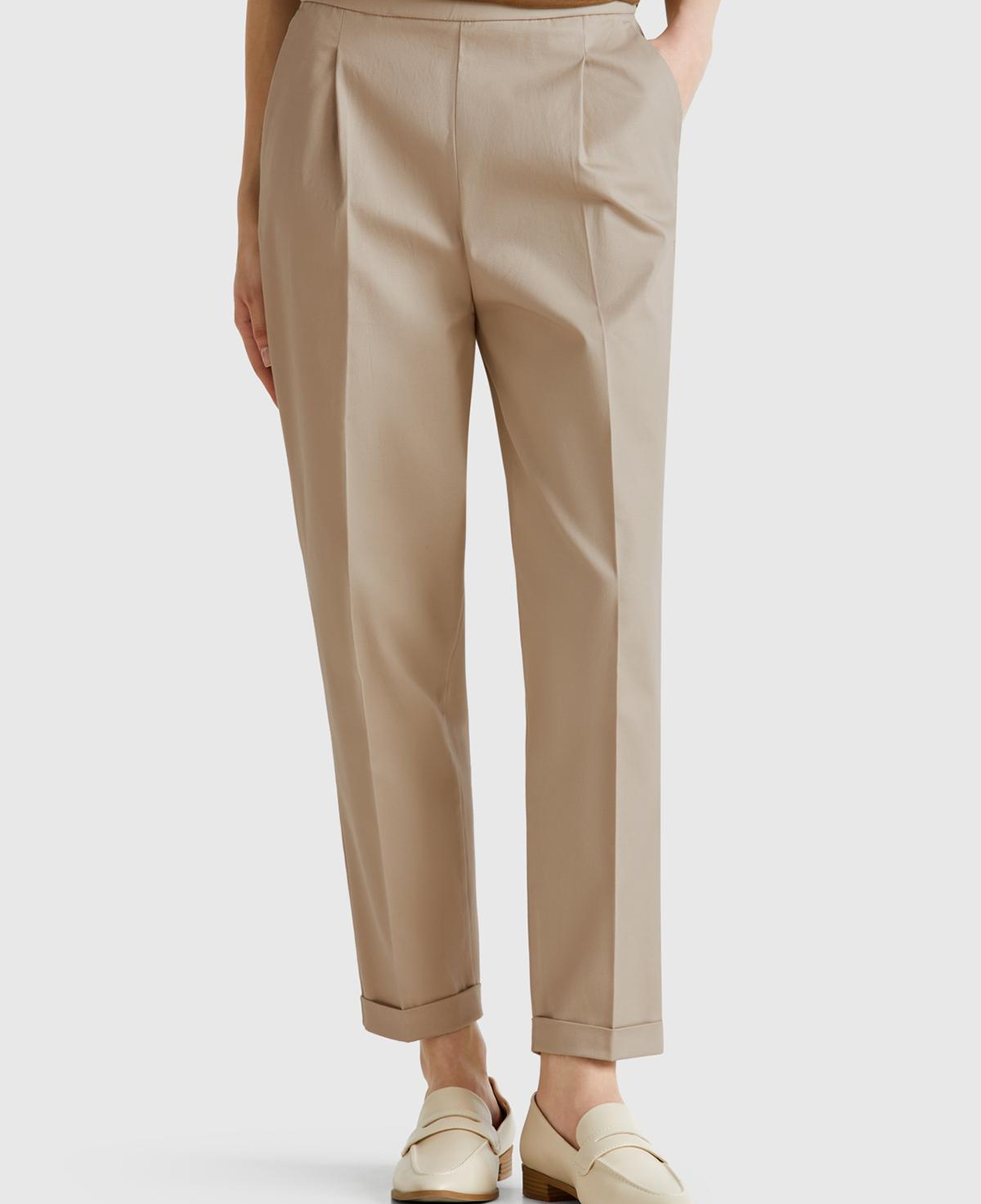 Kadın Bej Streç Pamuklu Arka Beli Lastikli Cepli Pantolon