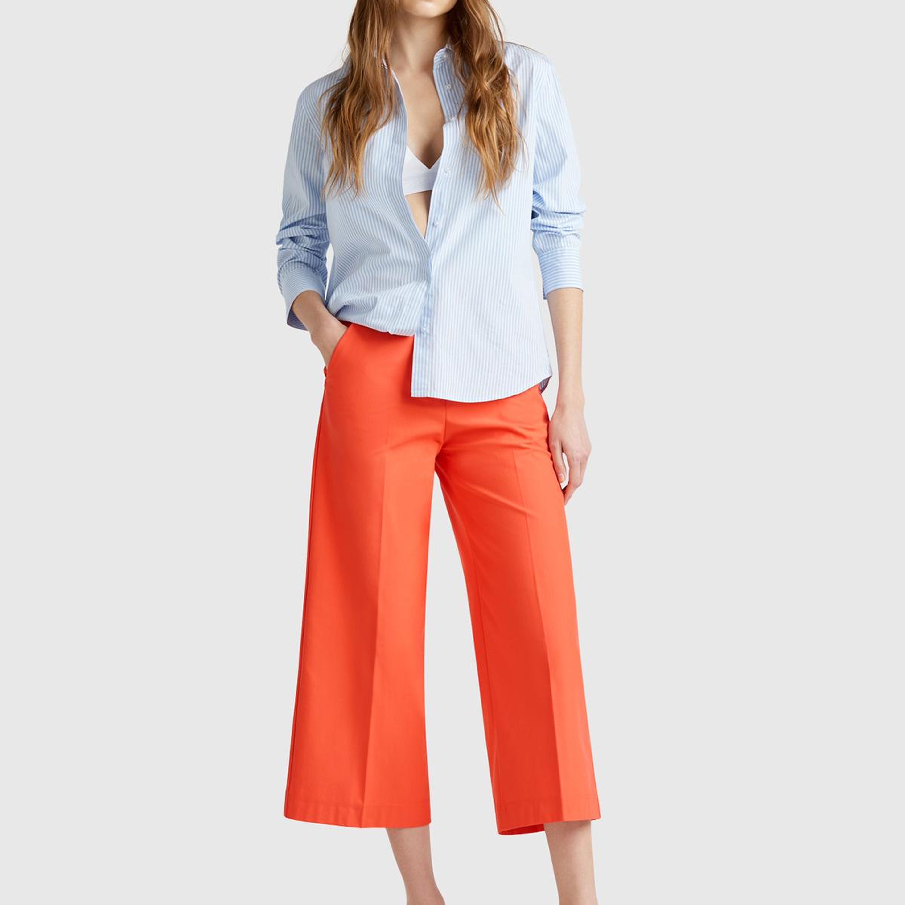 Kadın Turuncu Pamuk Karışımlı Cepli Straight Fit Yüksek Bel Pantolon