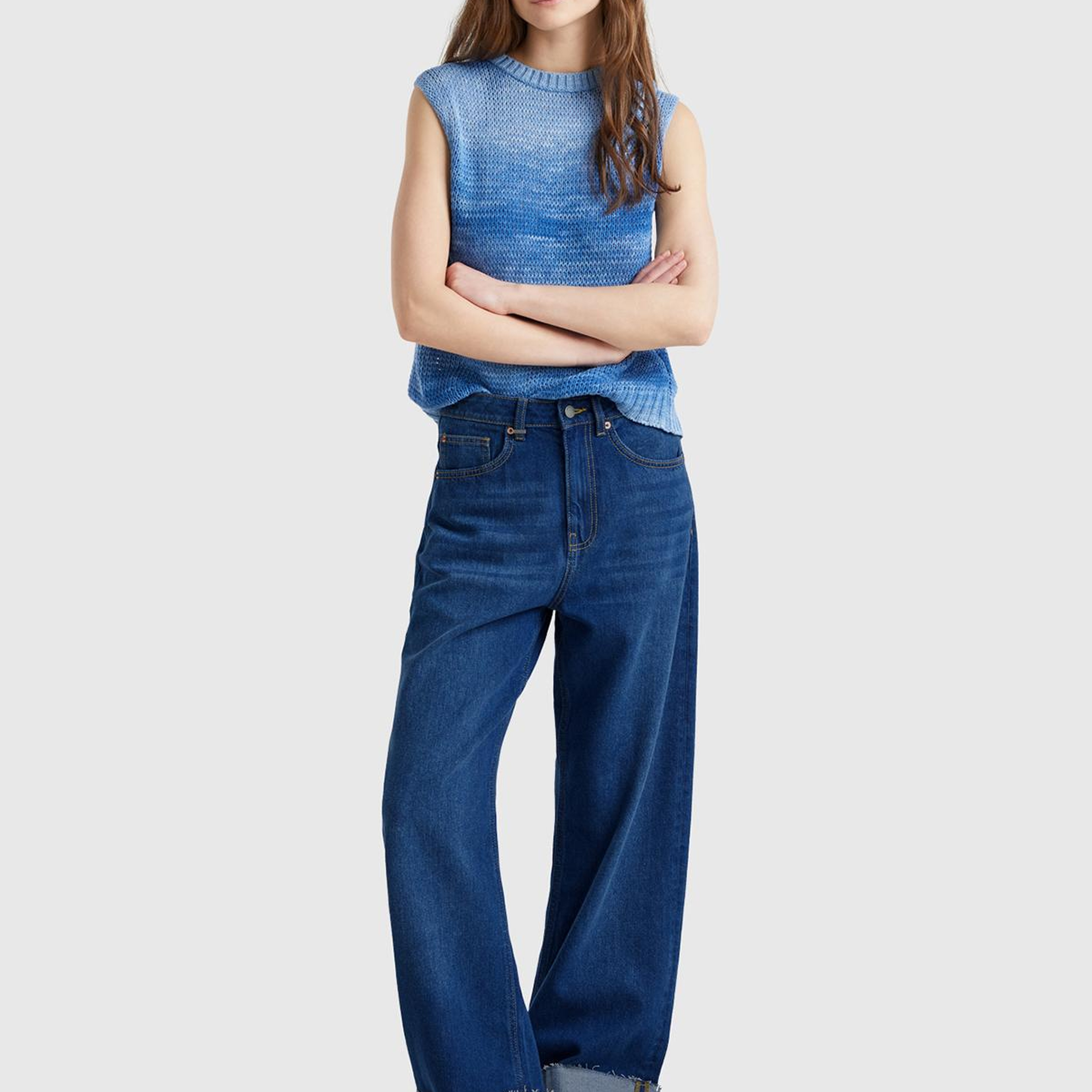 Kadın Koyu Mavi Pamuk Karışımlı 5 Cepli Yüksek Bel Wide Leg Denim Pantolon