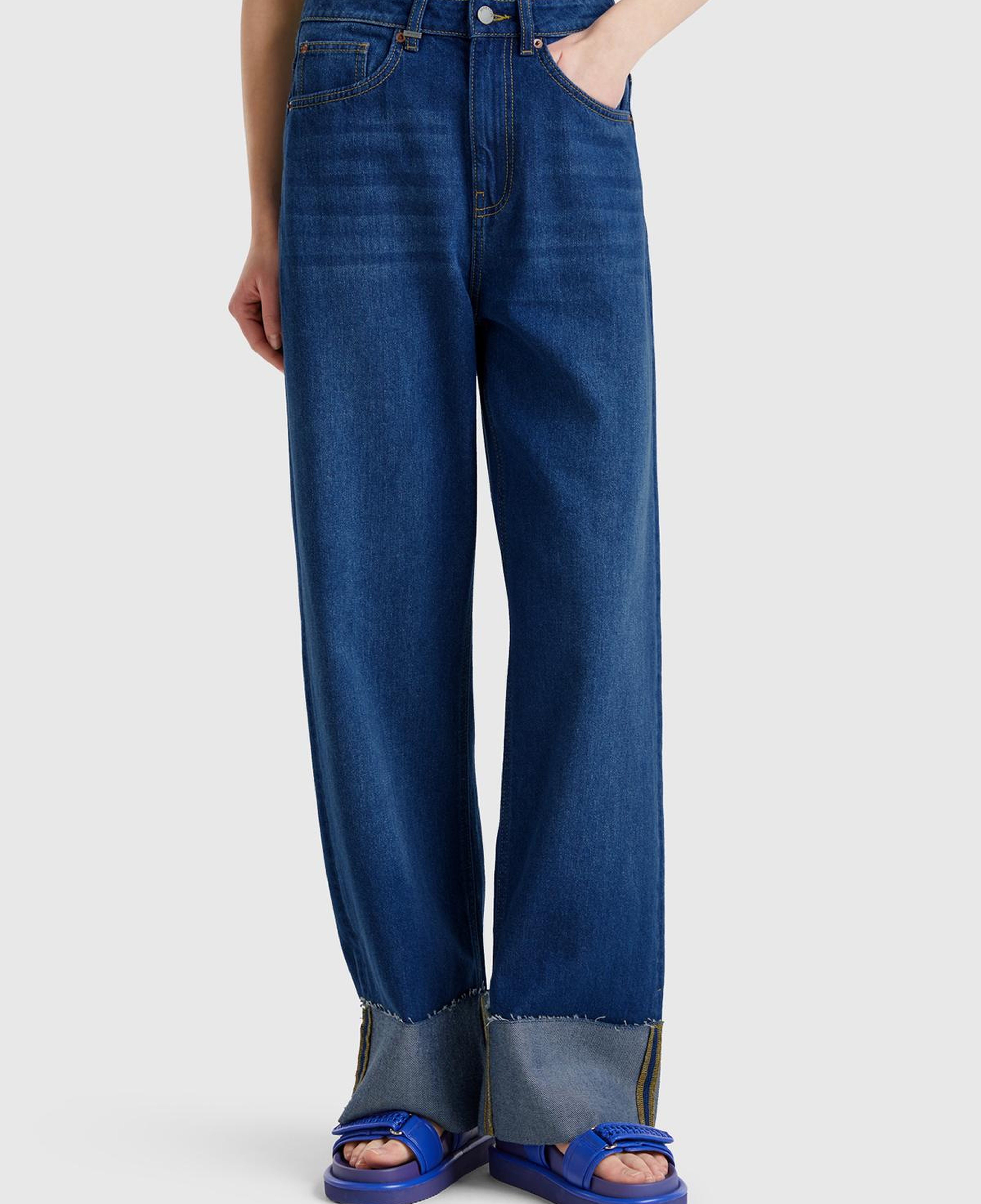 Kadın Koyu Mavi Pamuk Karışımlı 5 Cepli Yüksek Bel Wide Leg Denim Pantolon