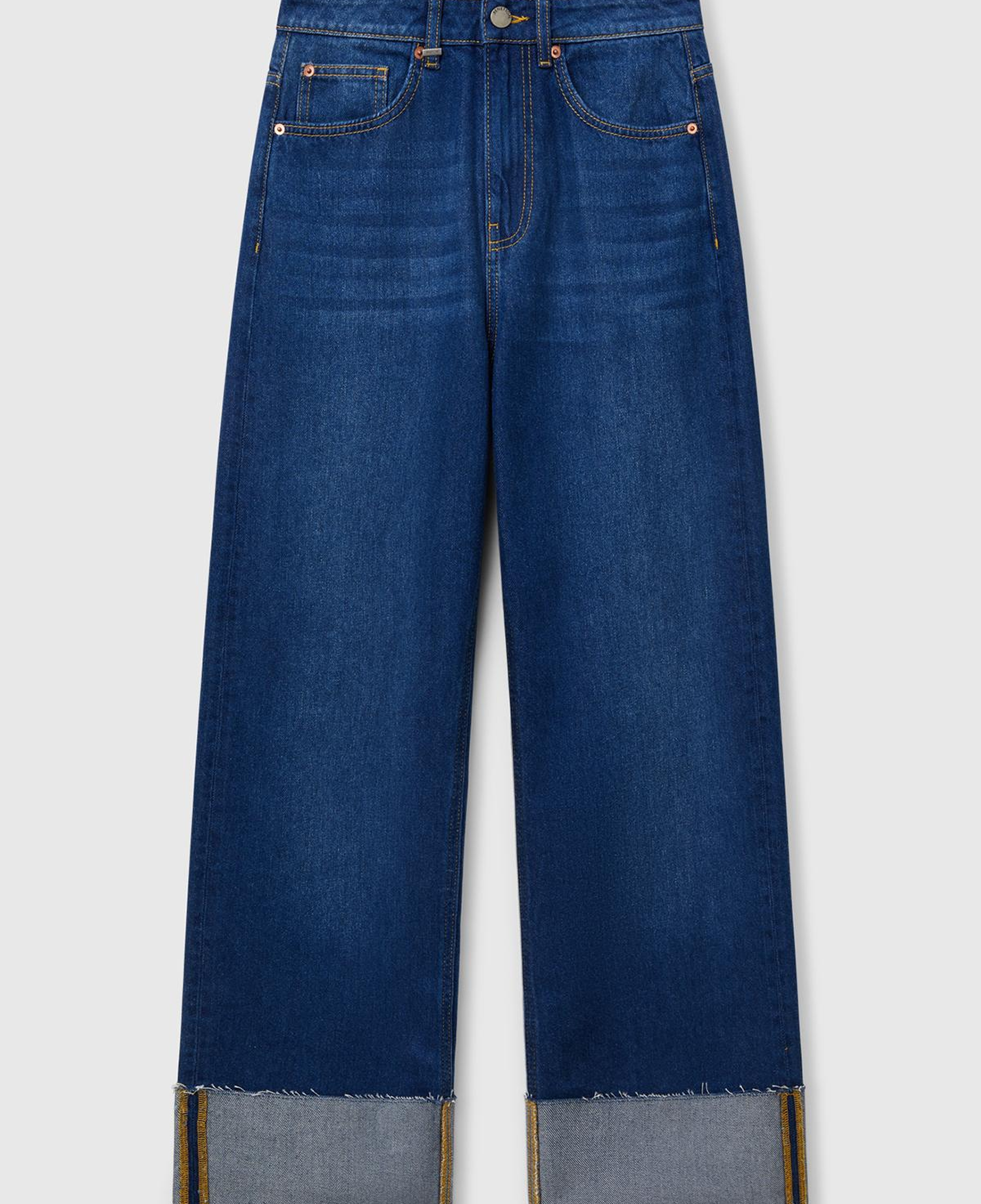 Kadın Koyu Mavi Pamuk Karışımlı 5 Cepli Yüksek Bel Wide Leg Denim Pantolon