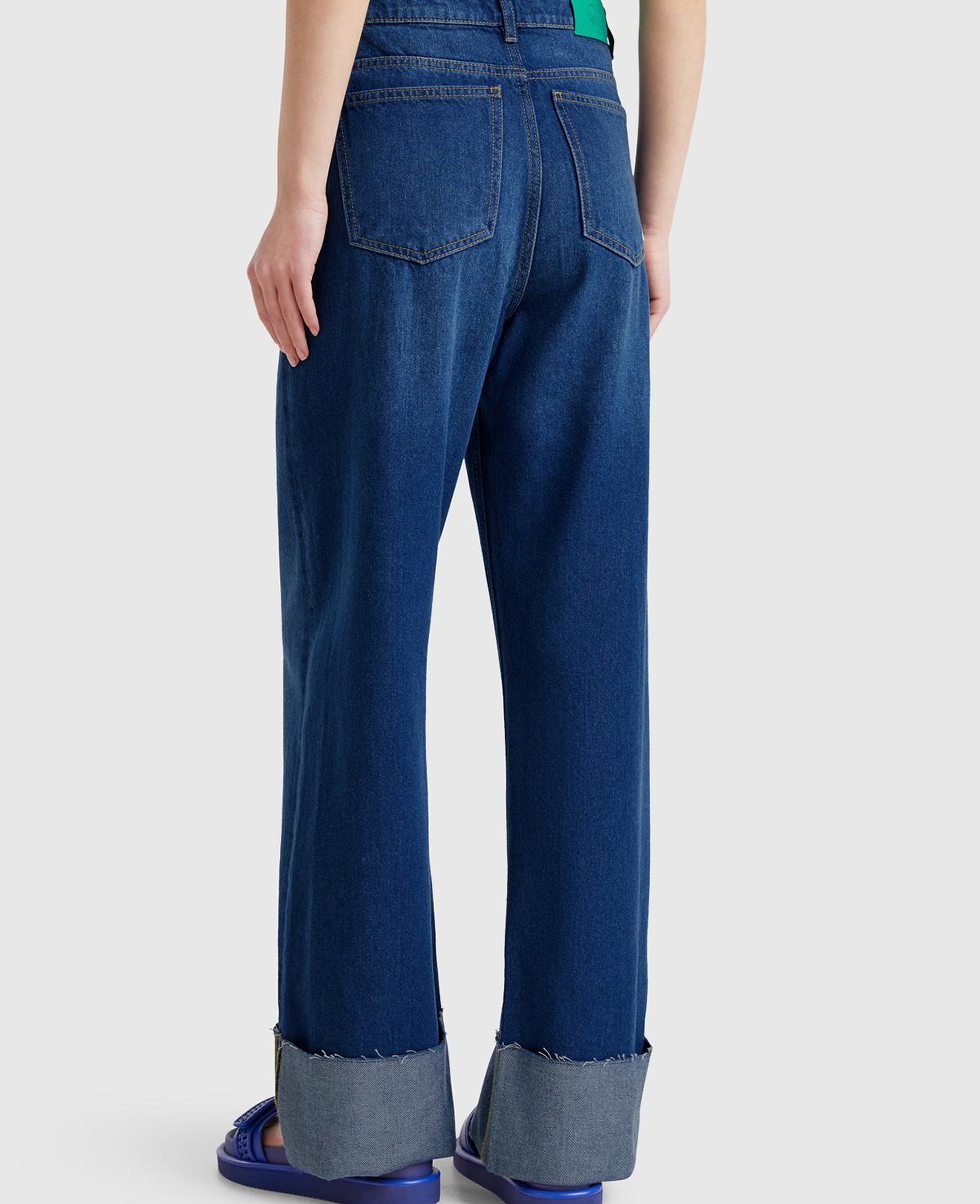 Kadın Koyu Mavi Pamuk Karışımlı 5 Cepli Yüksek Bel Wide Leg Denim Pantolon