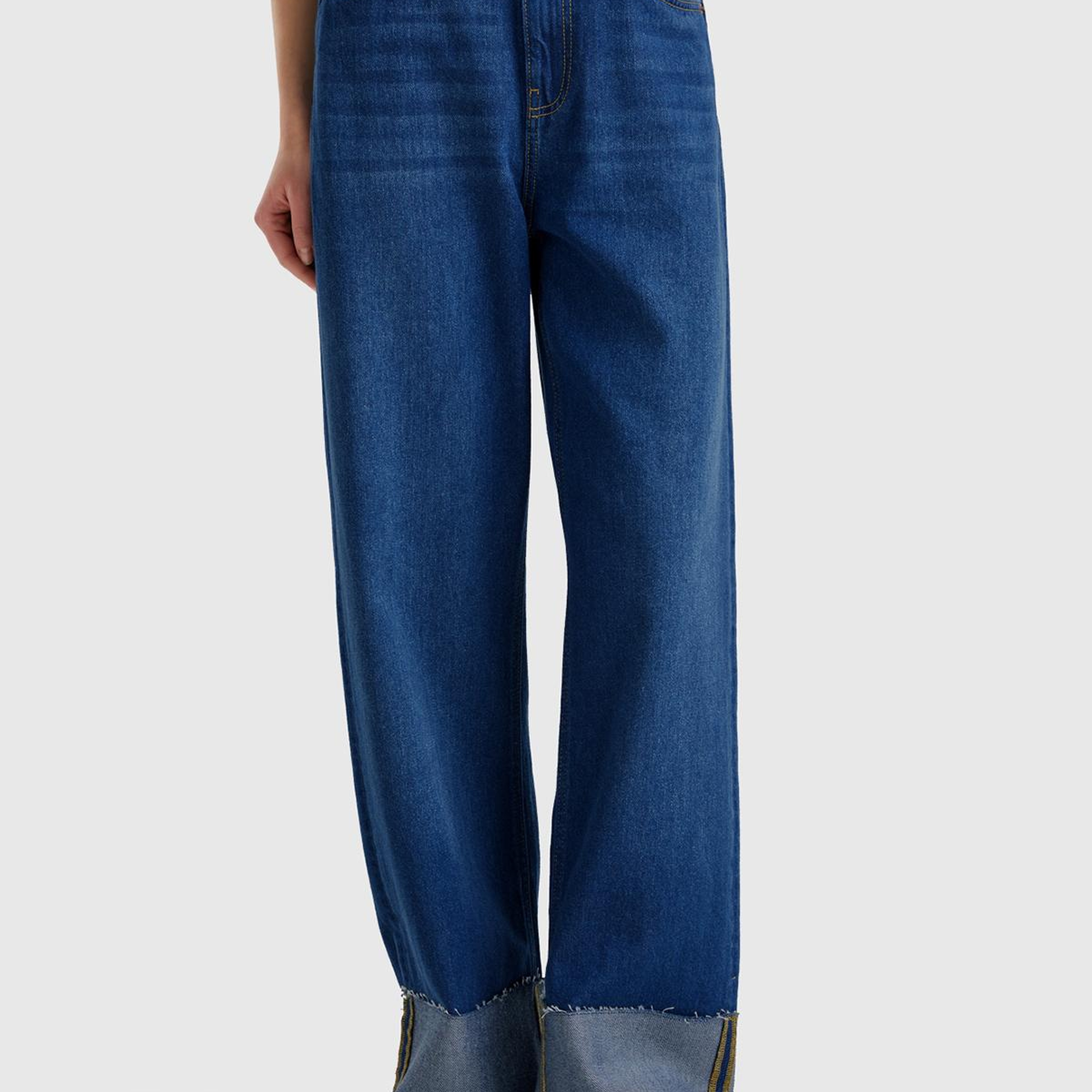 Kadın Koyu Mavi Pamuk Karışımlı 5 Cepli Yüksek Bel Wide Leg Denim Pantolon
