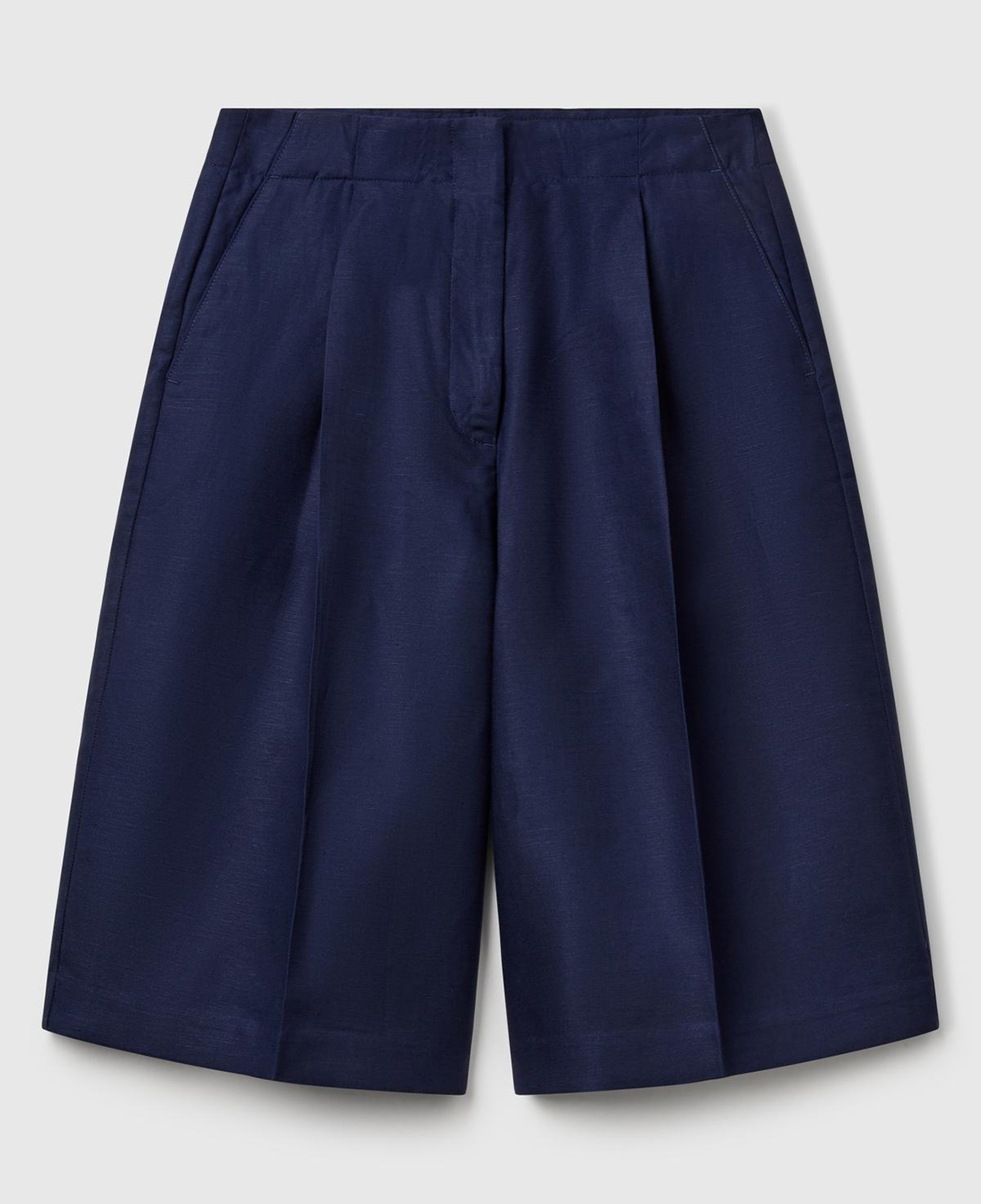 Kadın Lacivert Keten Karışımlı Diz Üstü Bermuda Şort