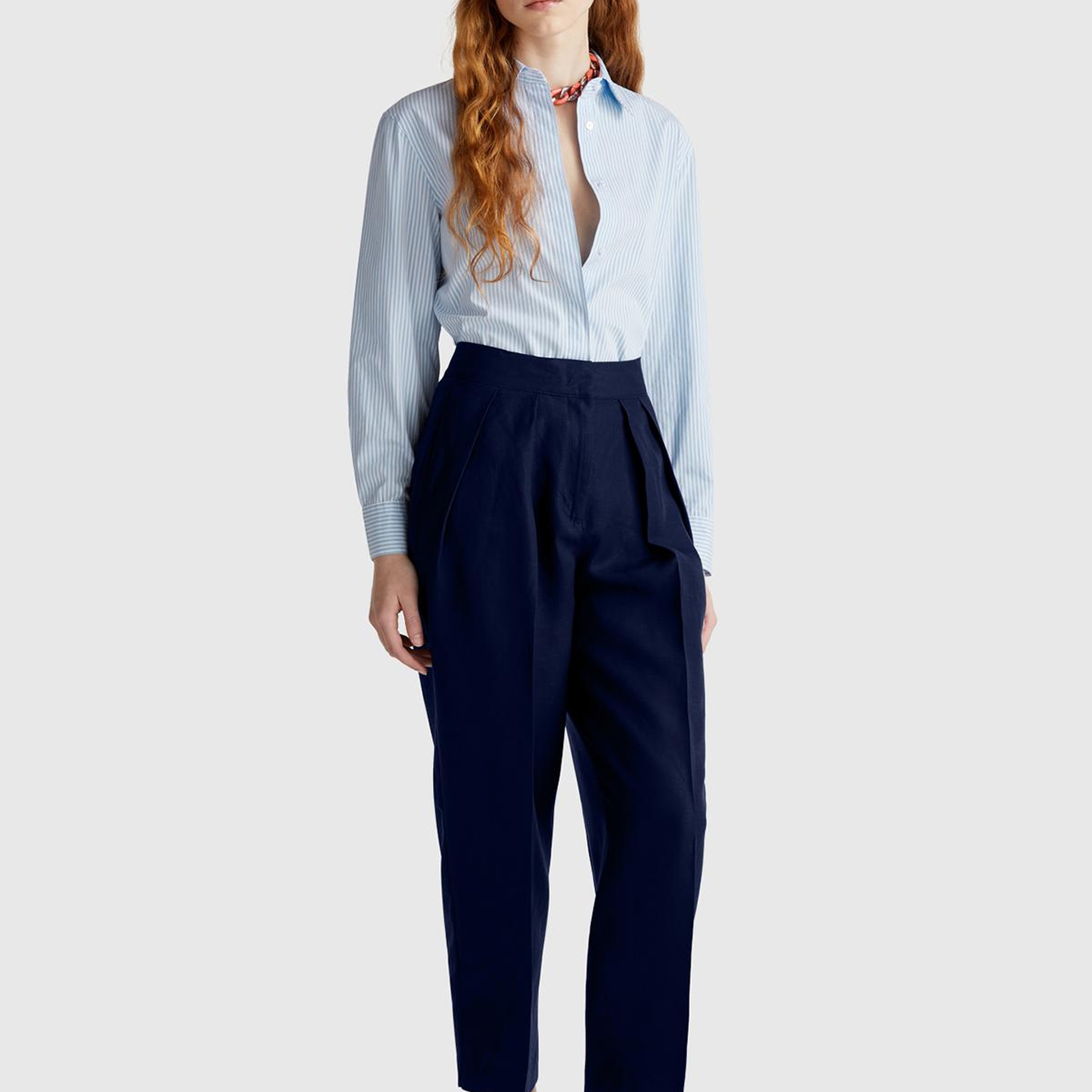 Kadın Lacivert Keten Karışımlı Havuç Kesim Pantolon