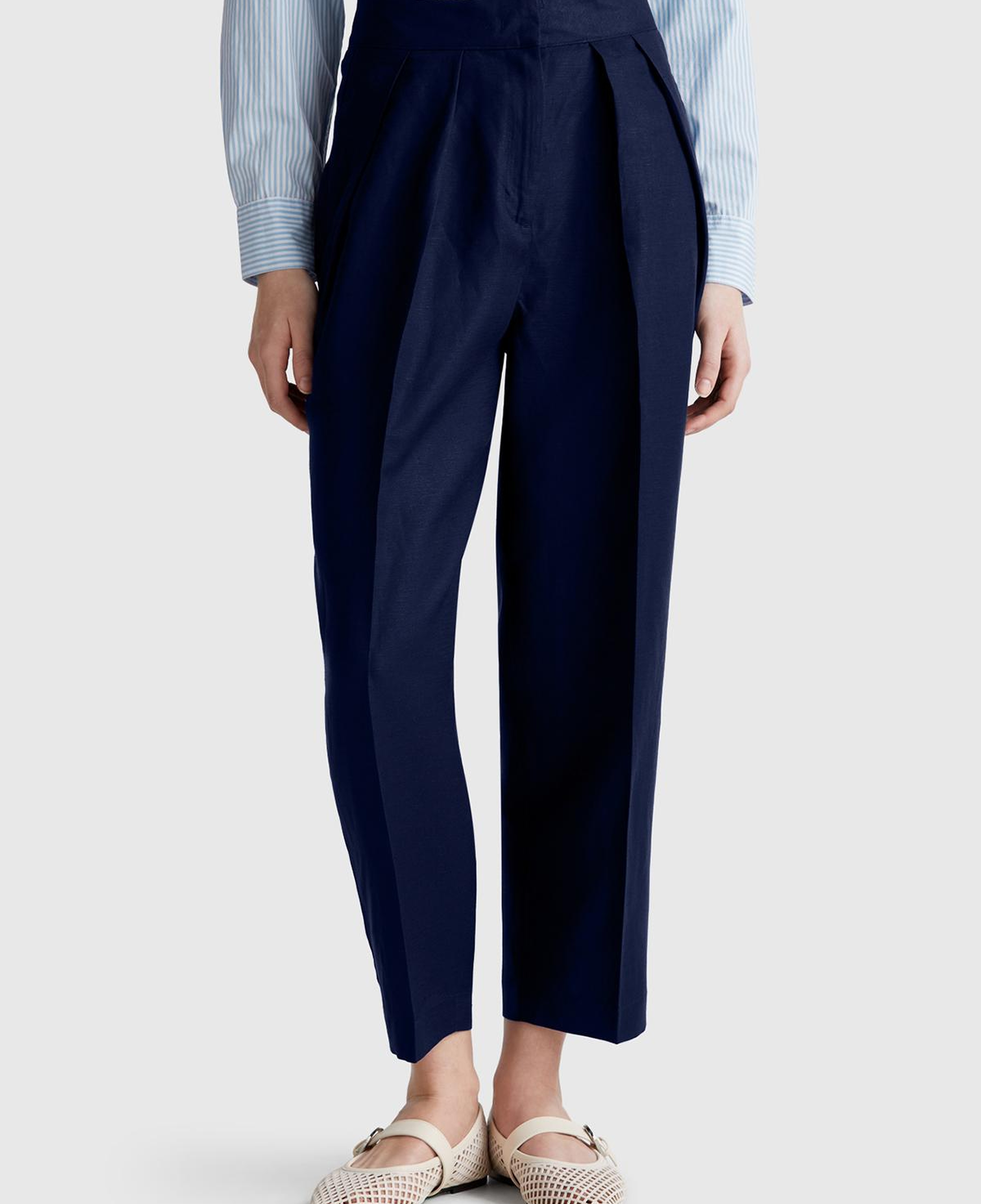 Kadın Lacivert Keten Karışımlı Havuç Kesim Pantolon