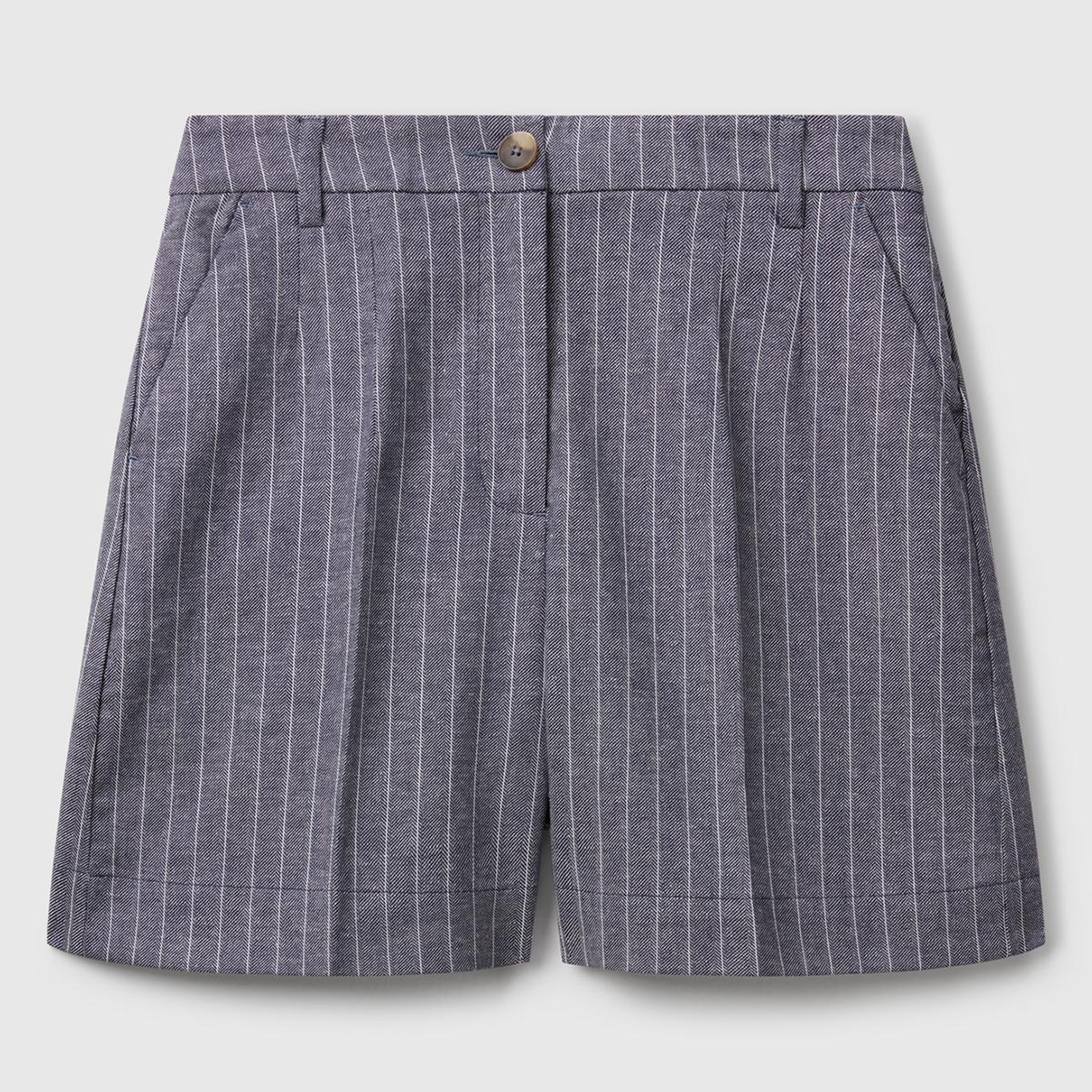 Kadın Lacivert Pamuk ve Keten Karışımlı İnce Çizgi Yüksek Bel Bermuda Şort