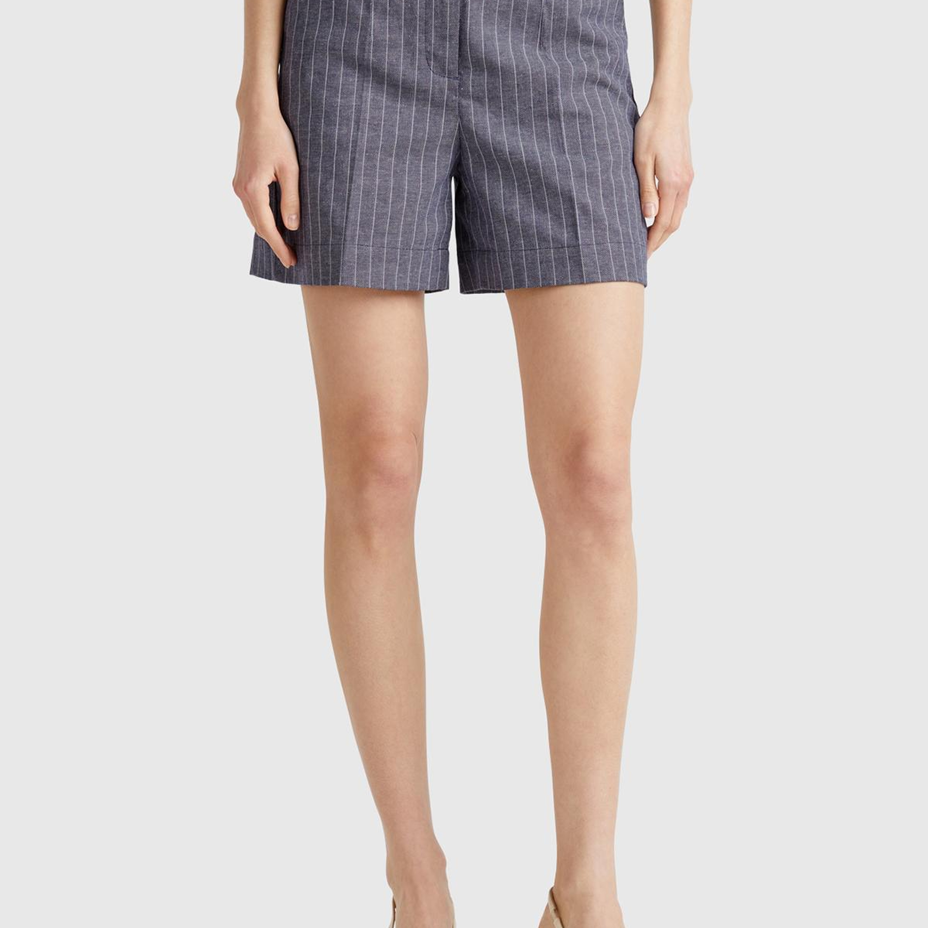 Kadın Lacivert Pamuk ve Keten Karışımlı İnce Çizgi Yüksek Bel Bermuda Şort