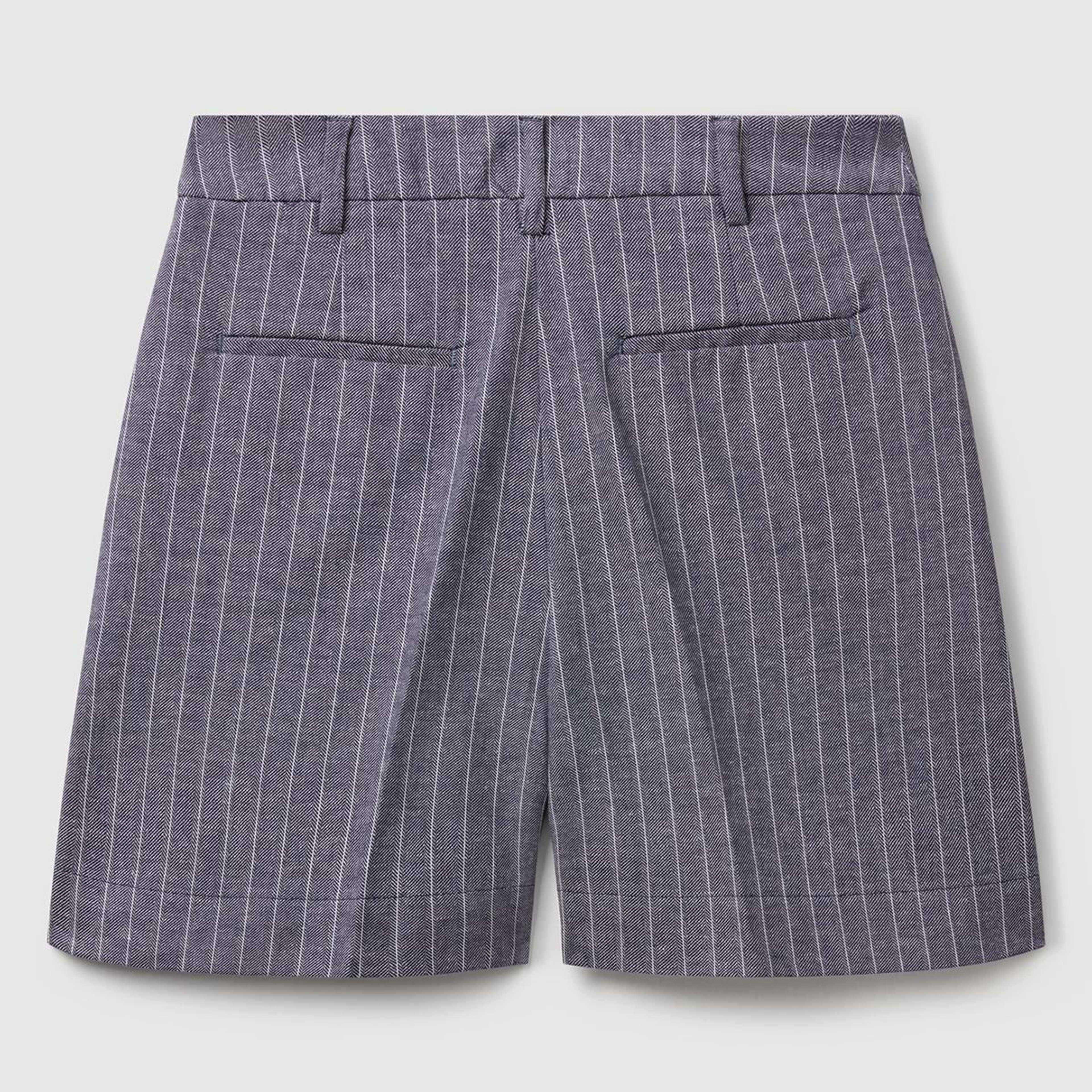 Kadın Lacivert Pamuk ve Keten Karışımlı İnce Çizgi Yüksek Bel Bermuda Şort