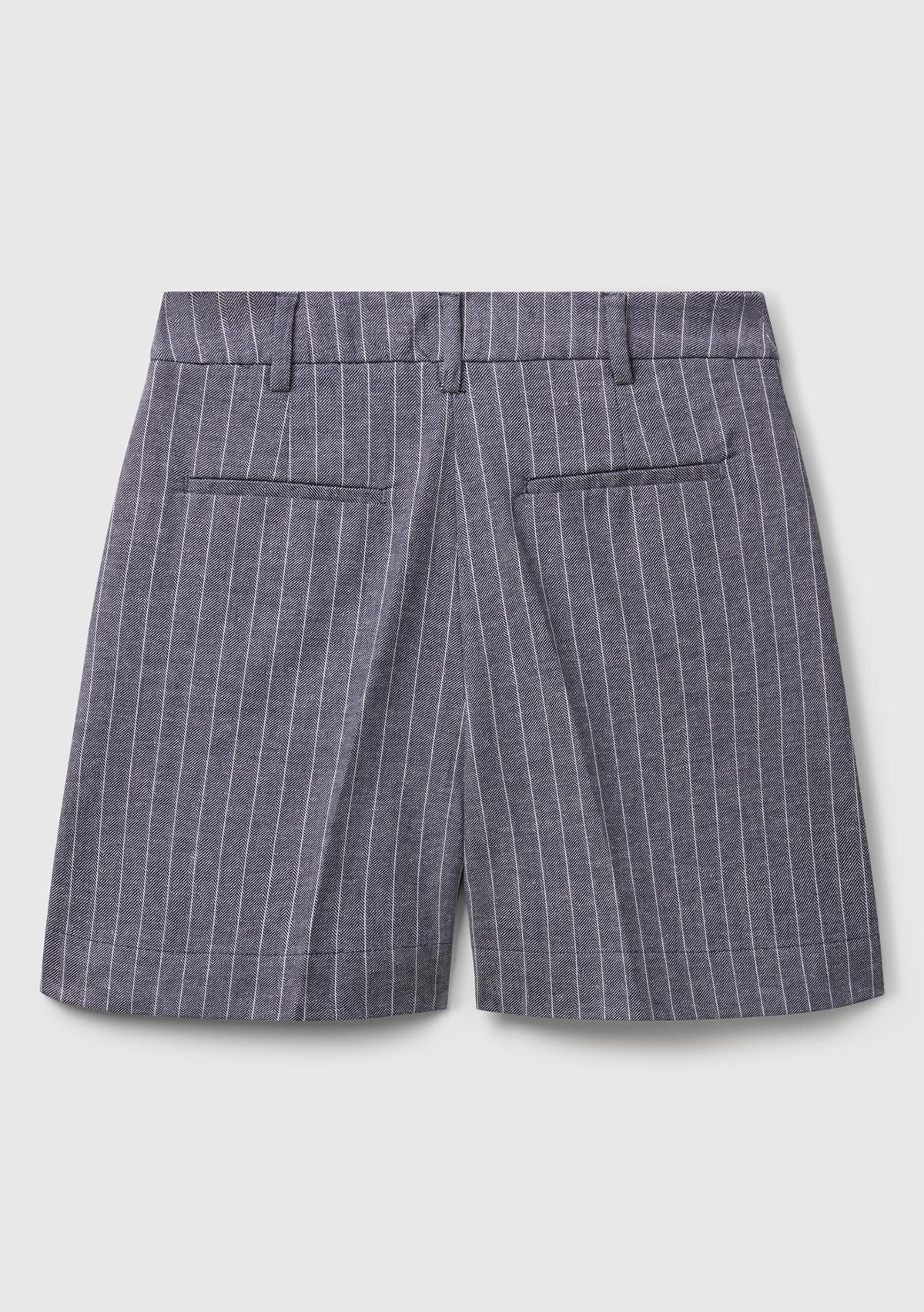 Kadın Lacivert Pamuk ve Keten Karışımlı İnce Çizgi Yüksek Bel Bermuda Şort