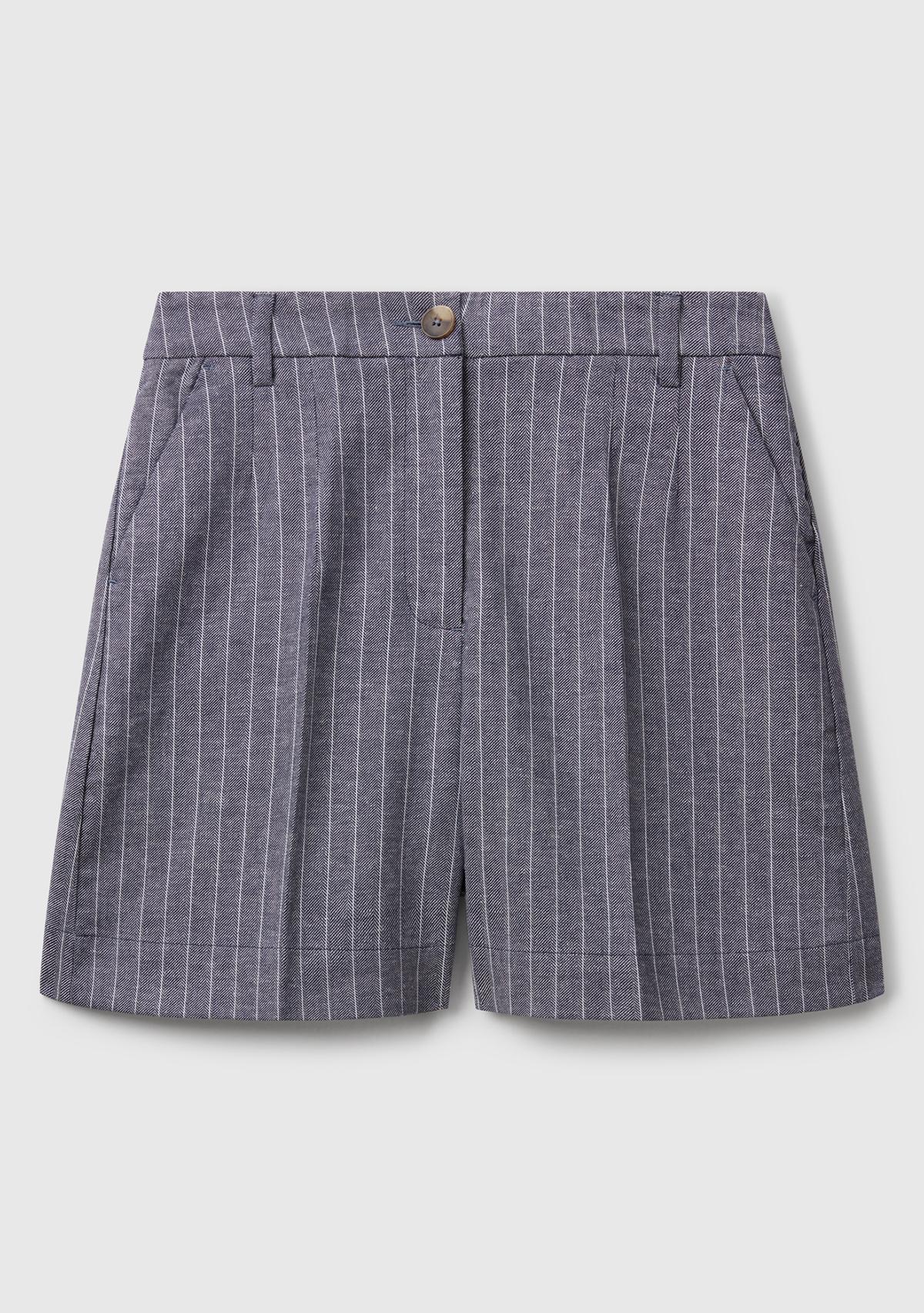 Kadın Lacivert Pamuk ve Keten Karışımlı İnce Çizgi Yüksek Bel Bermuda Şort