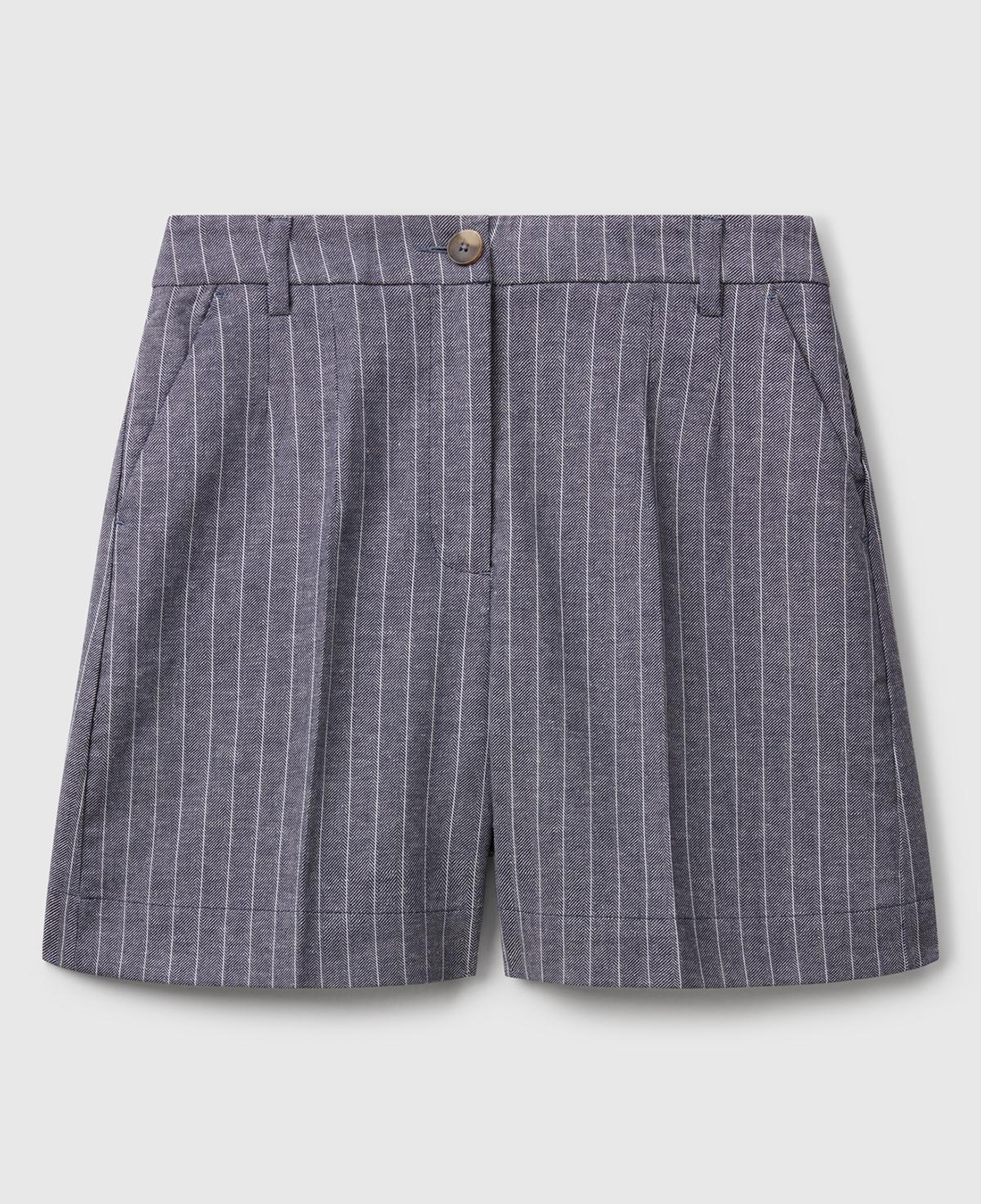 Kadın Lacivert Pamuk ve Keten Karışımlı İnce Çizgi Yüksek Bel Bermuda Şort