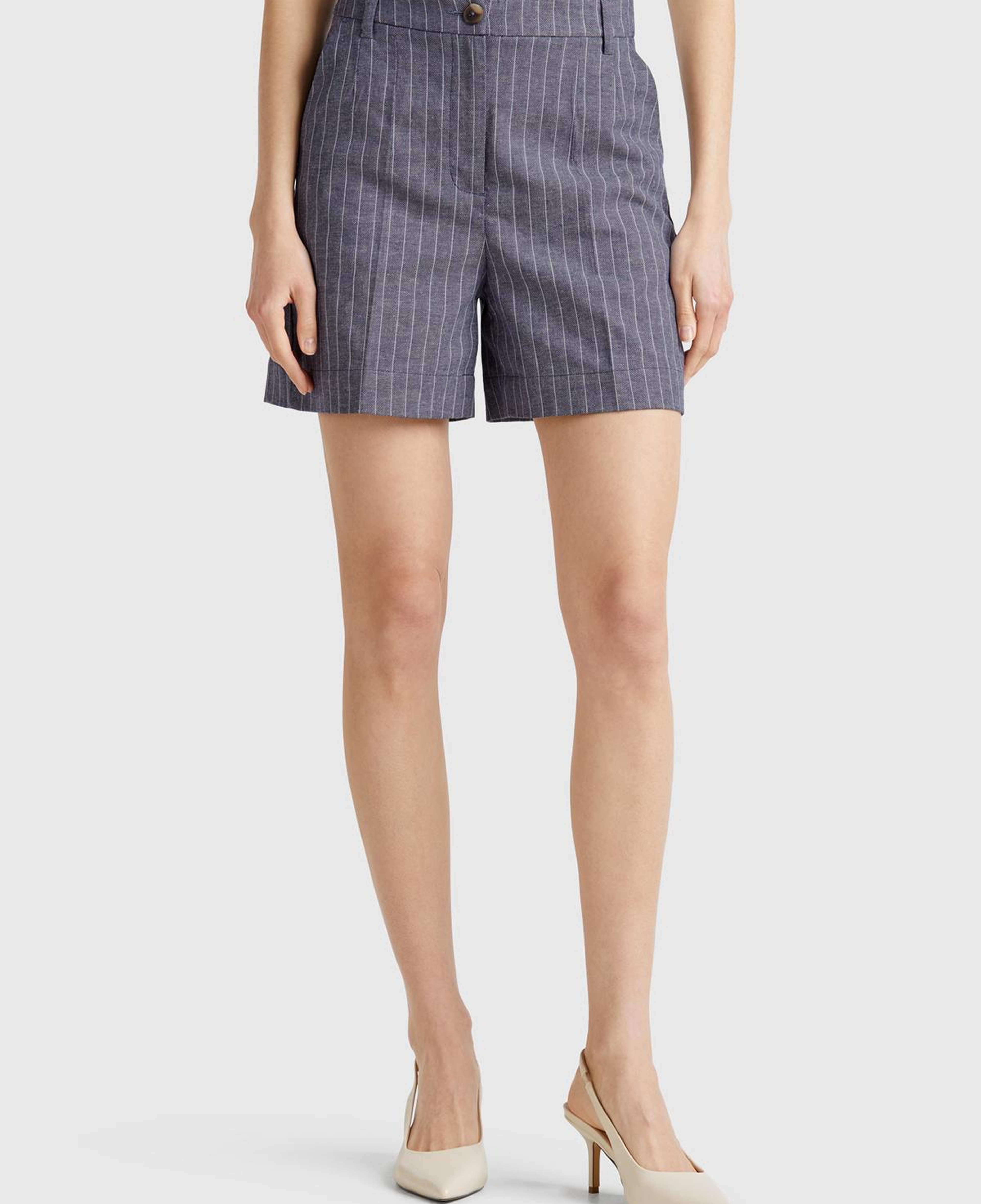 Kadın Lacivert Pamuk ve Keten Karışımlı İnce Çizgi Yüksek Bel Bermuda Şort