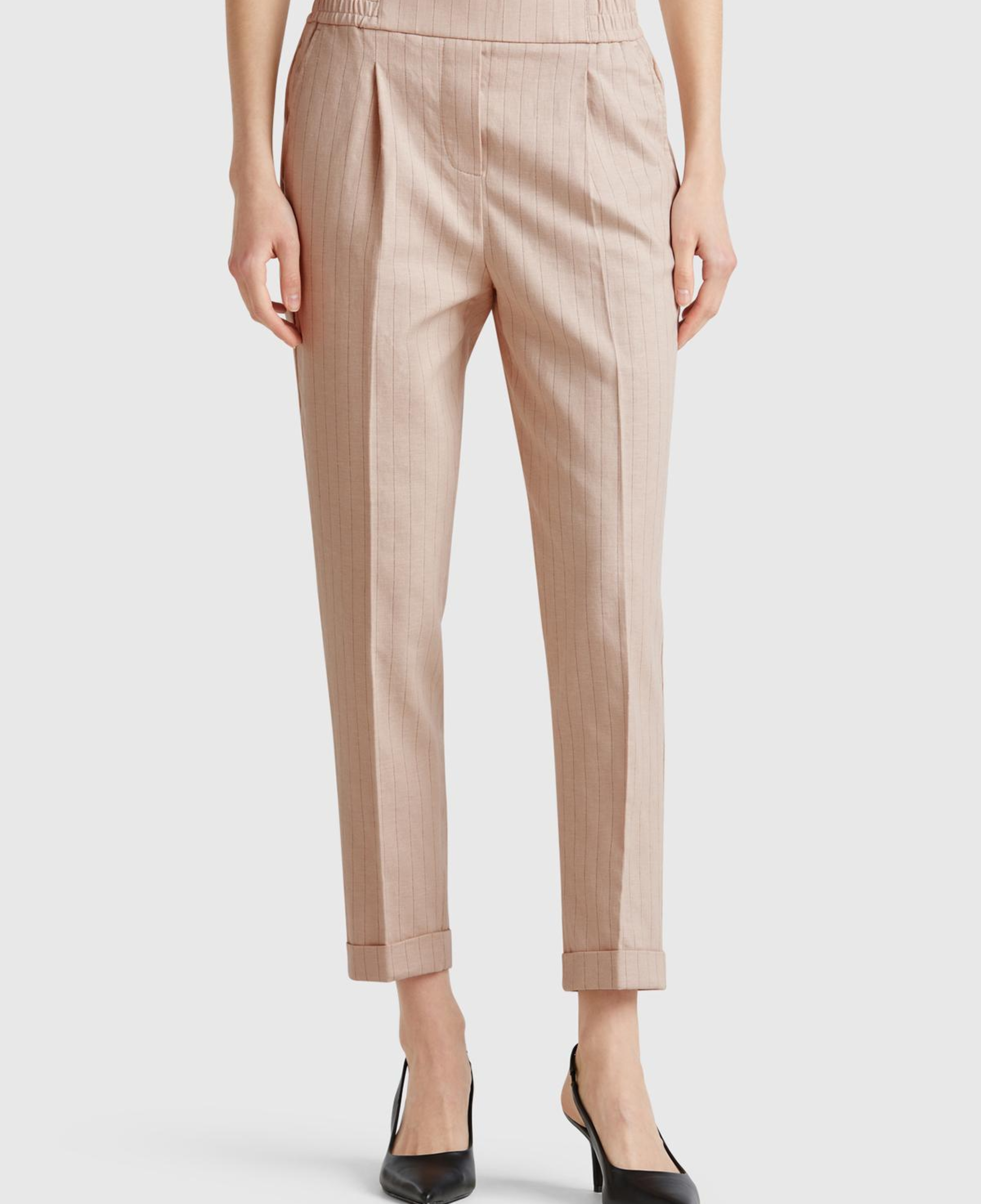 Kadın Bej Pamuk ve Keten Karışımlı İnce Çizgili Regular Fit Pantolon