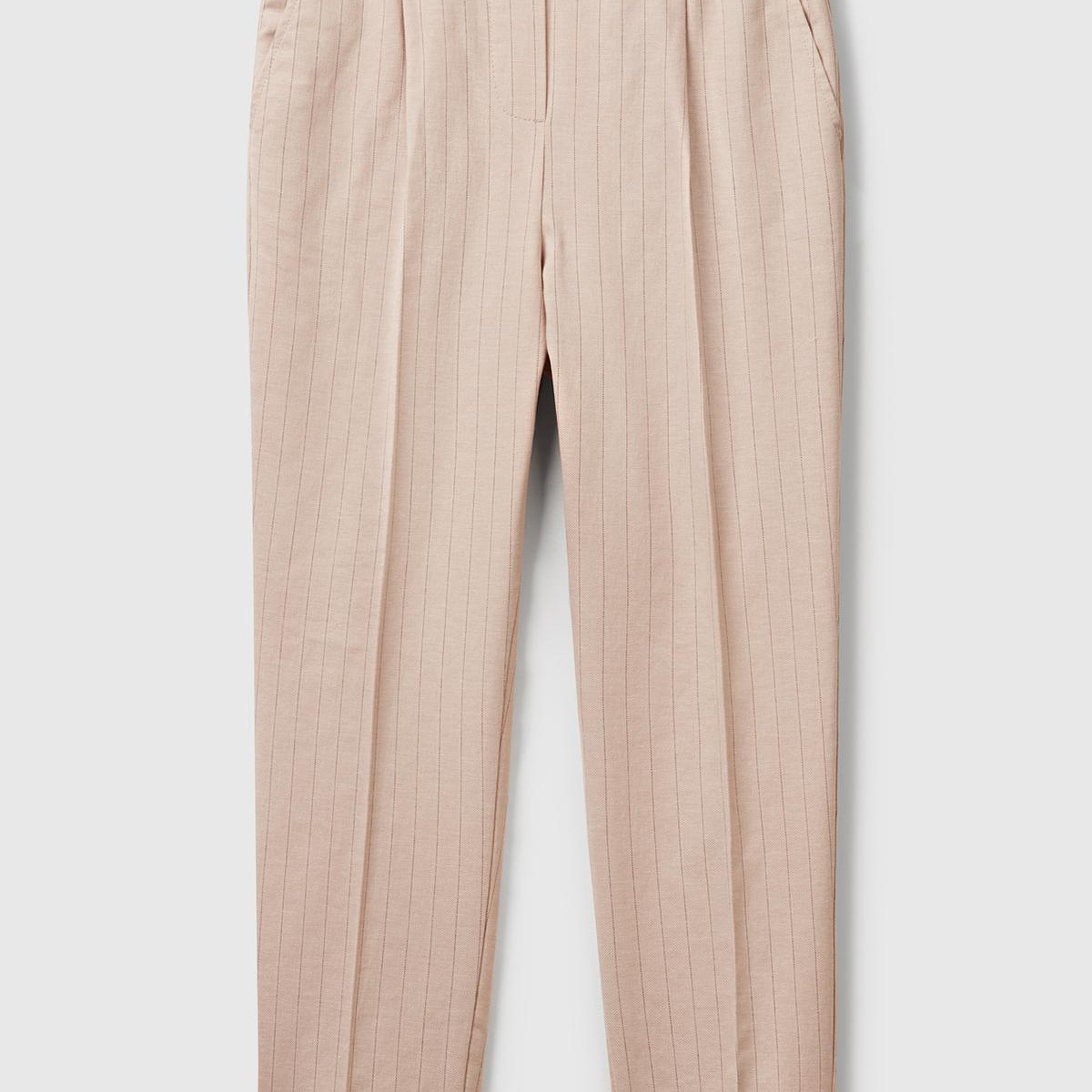 Kadın Bej Pamuk ve Keten Karışımlı İnce Çizgili Regular Fit Pantolon