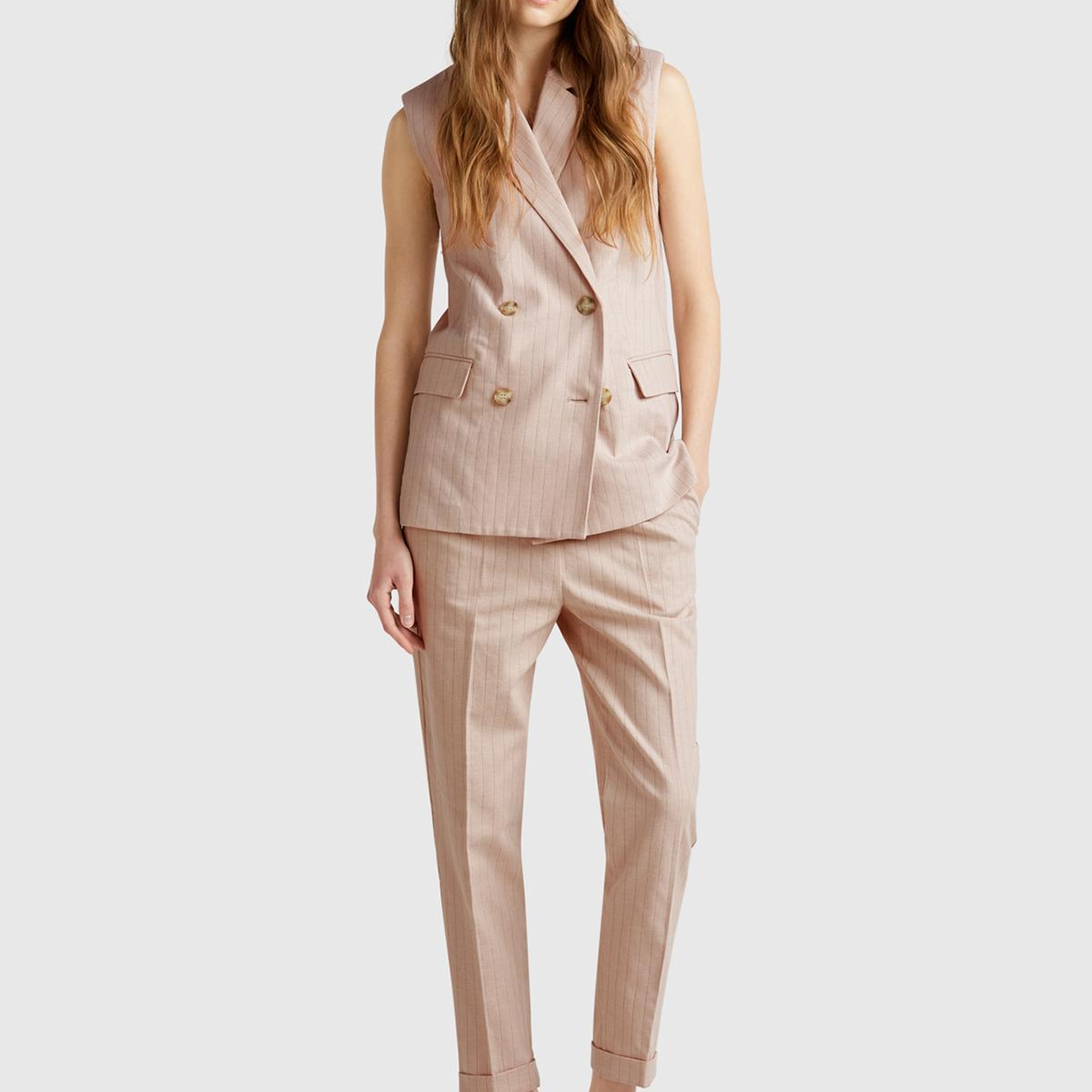 Kadın Bej Pamuk ve Keten Karışımlı İnce Çizgili Regular Fit Pantolon