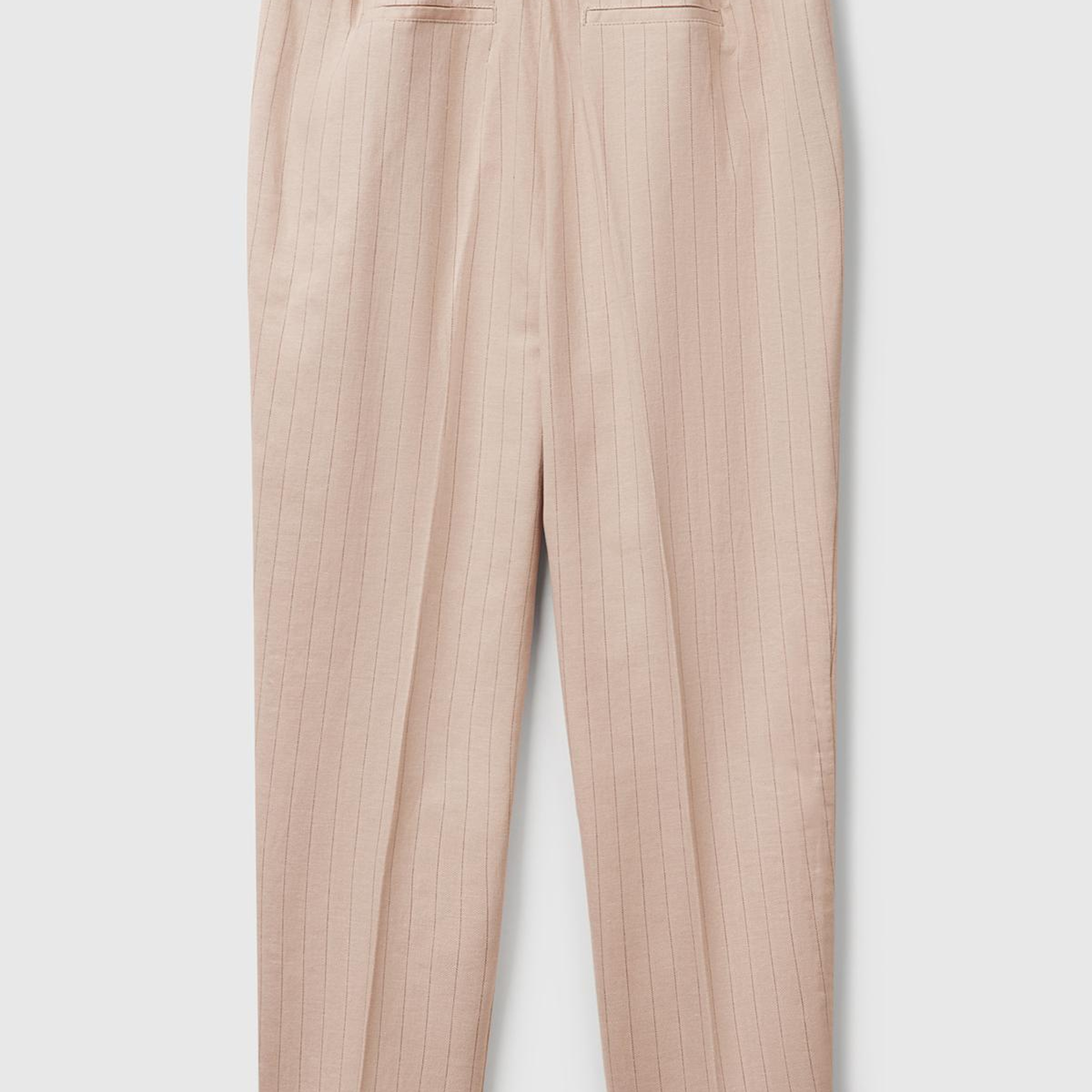 Kadın Bej Pamuk ve Keten Karışımlı İnce Çizgili Regular Fit Pantolon