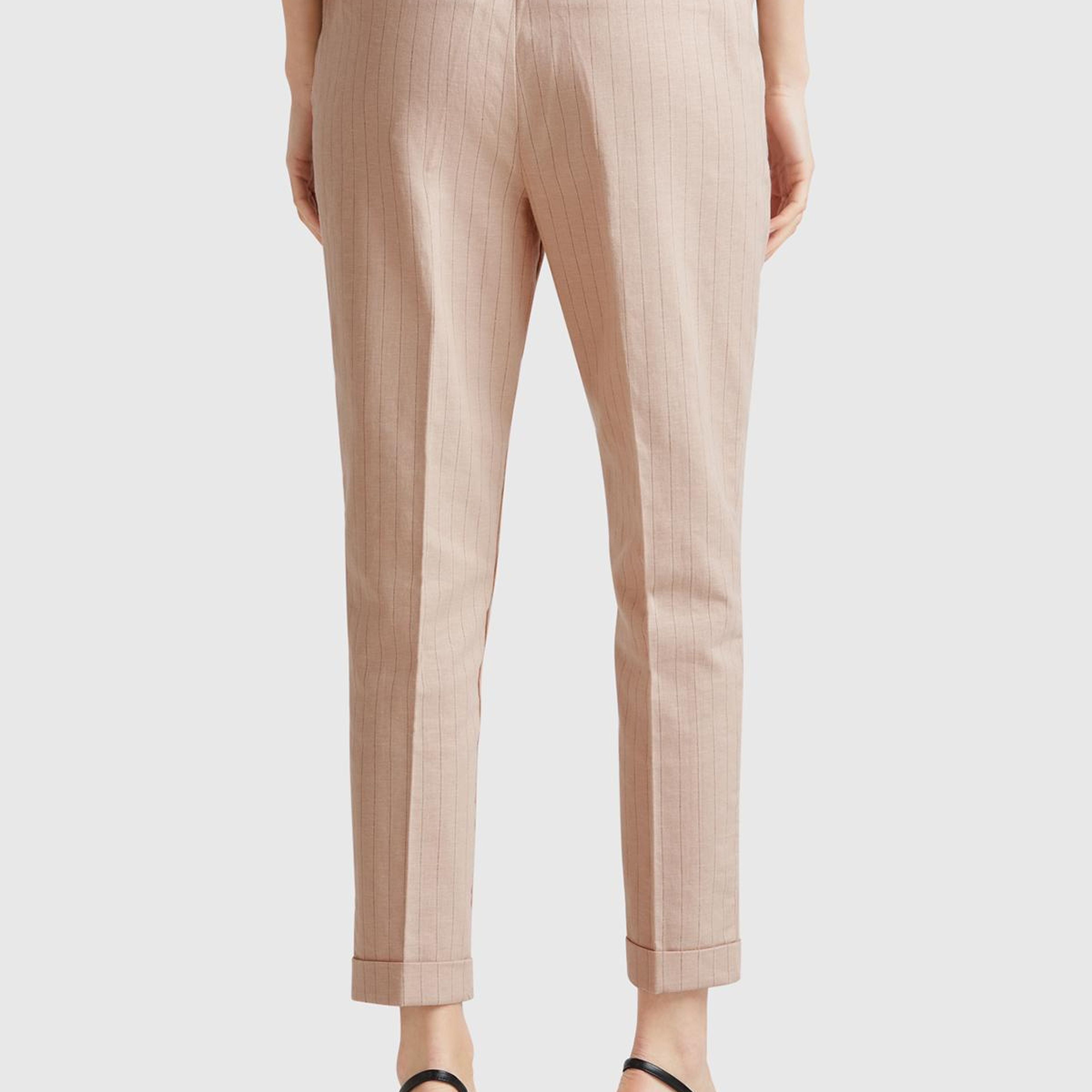 Kadın Bej Pamuk ve Keten Karışımlı İnce Çizgili Regular Fit Pantolon