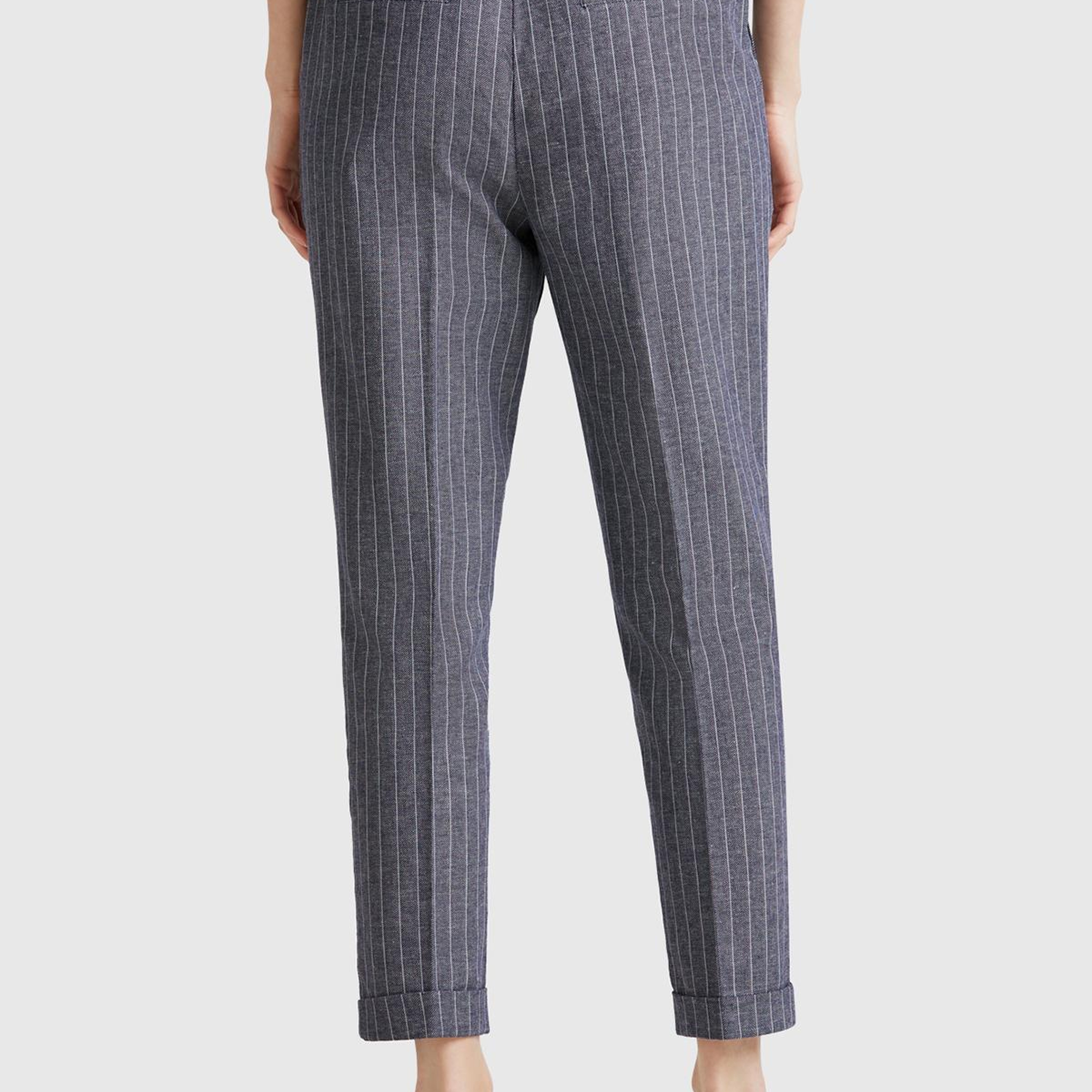 Kadın Lacivert Pamuk ve Keten Karışımlı İnce Çizgili Regular Fit Pantolon