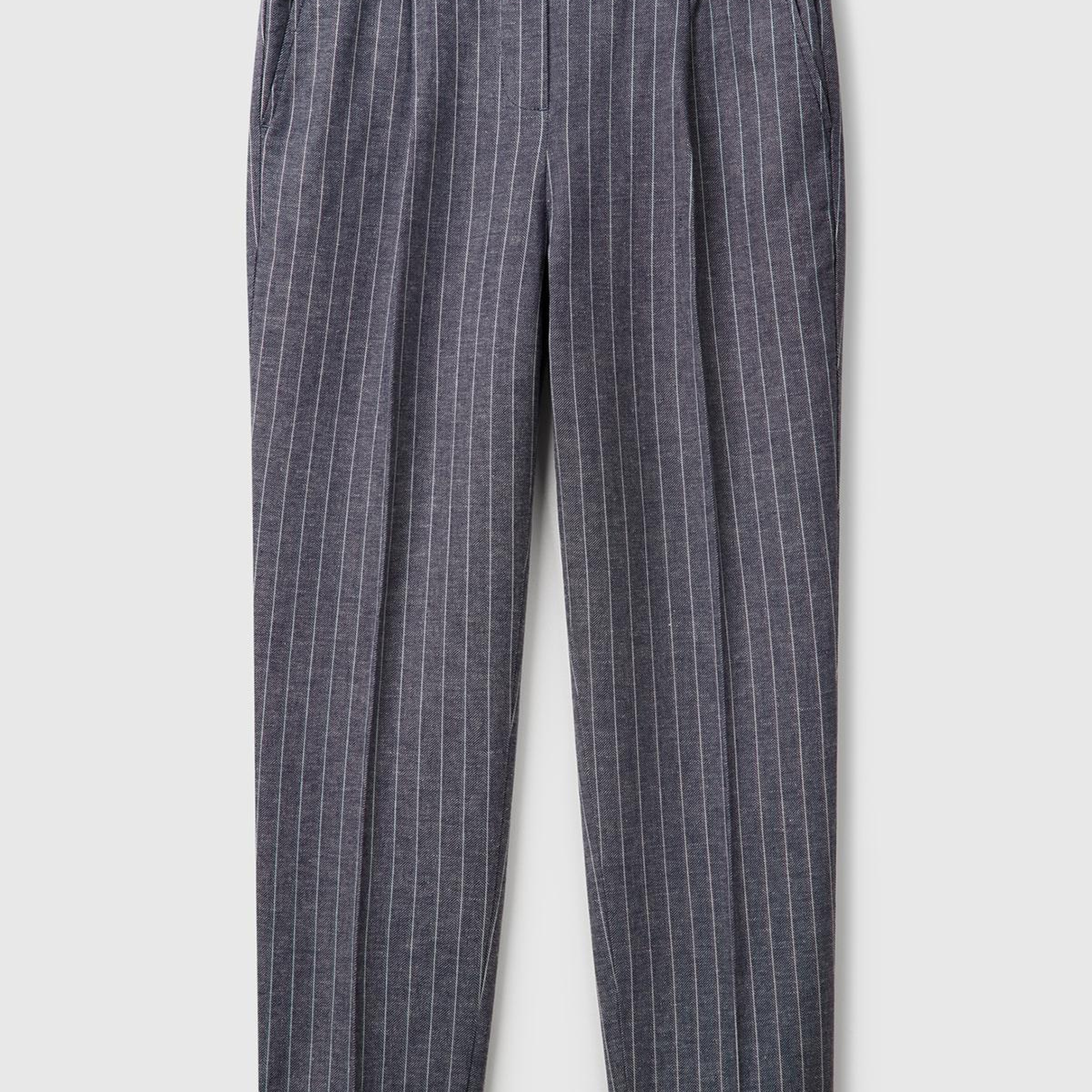 Kadın Lacivert Pamuk ve Keten Karışımlı İnce Çizgili Regular Fit Pantolon