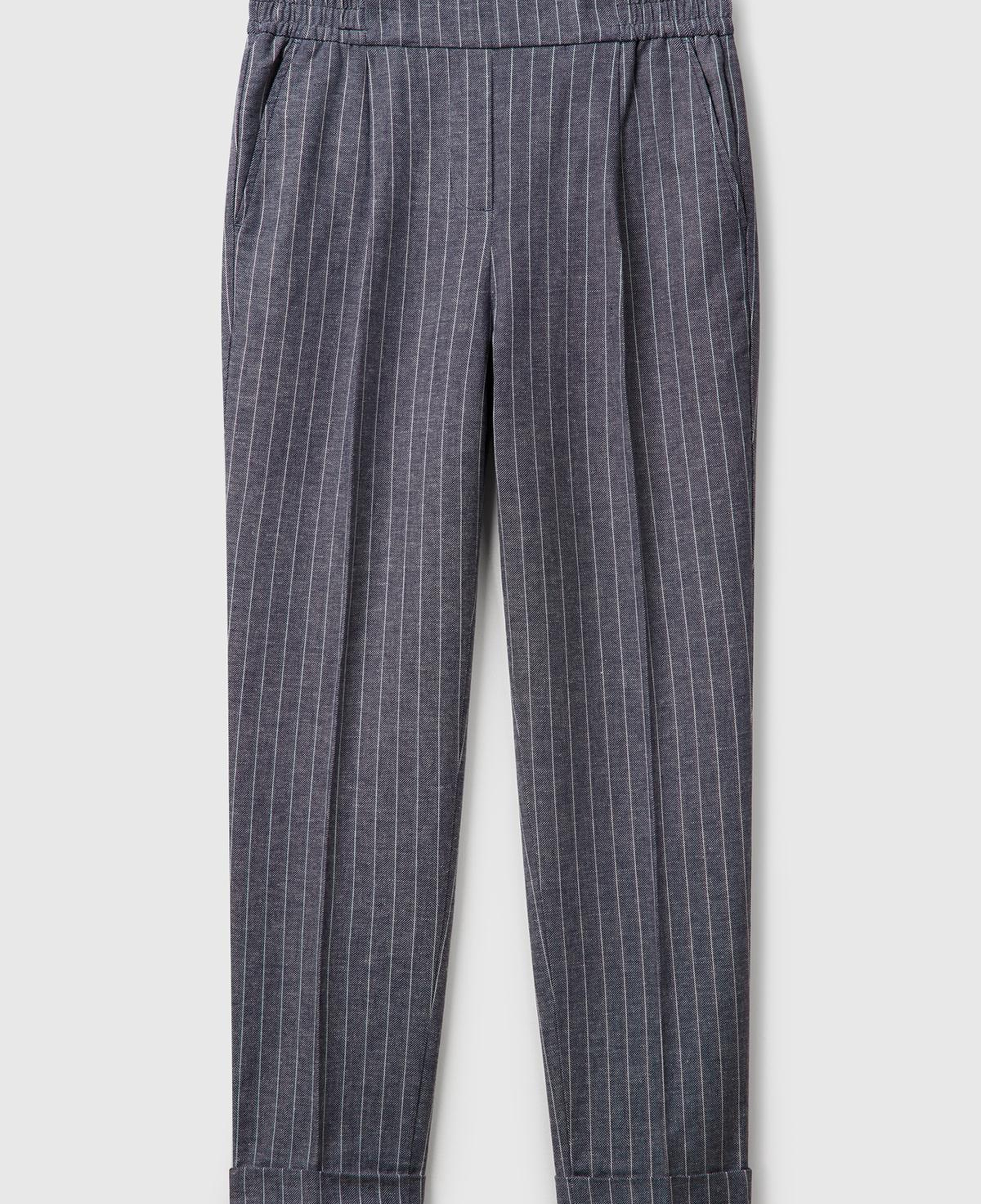 Kadın Lacivert Pamuk ve Keten Karışımlı İnce Çizgili Regular Fit Pantolon