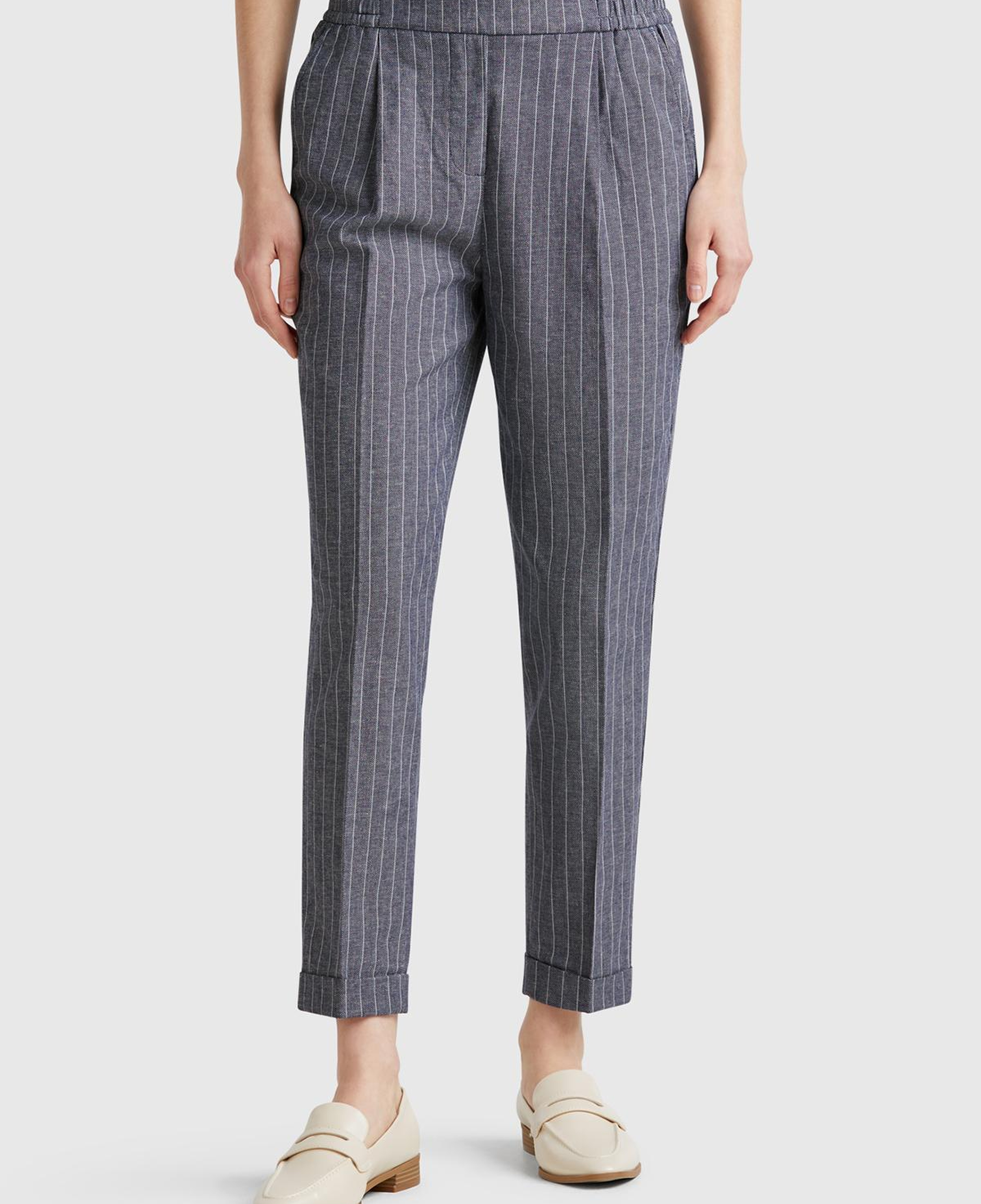 Kadın Lacivert Pamuk ve Keten Karışımlı İnce Çizgili Regular Fit Pantolon