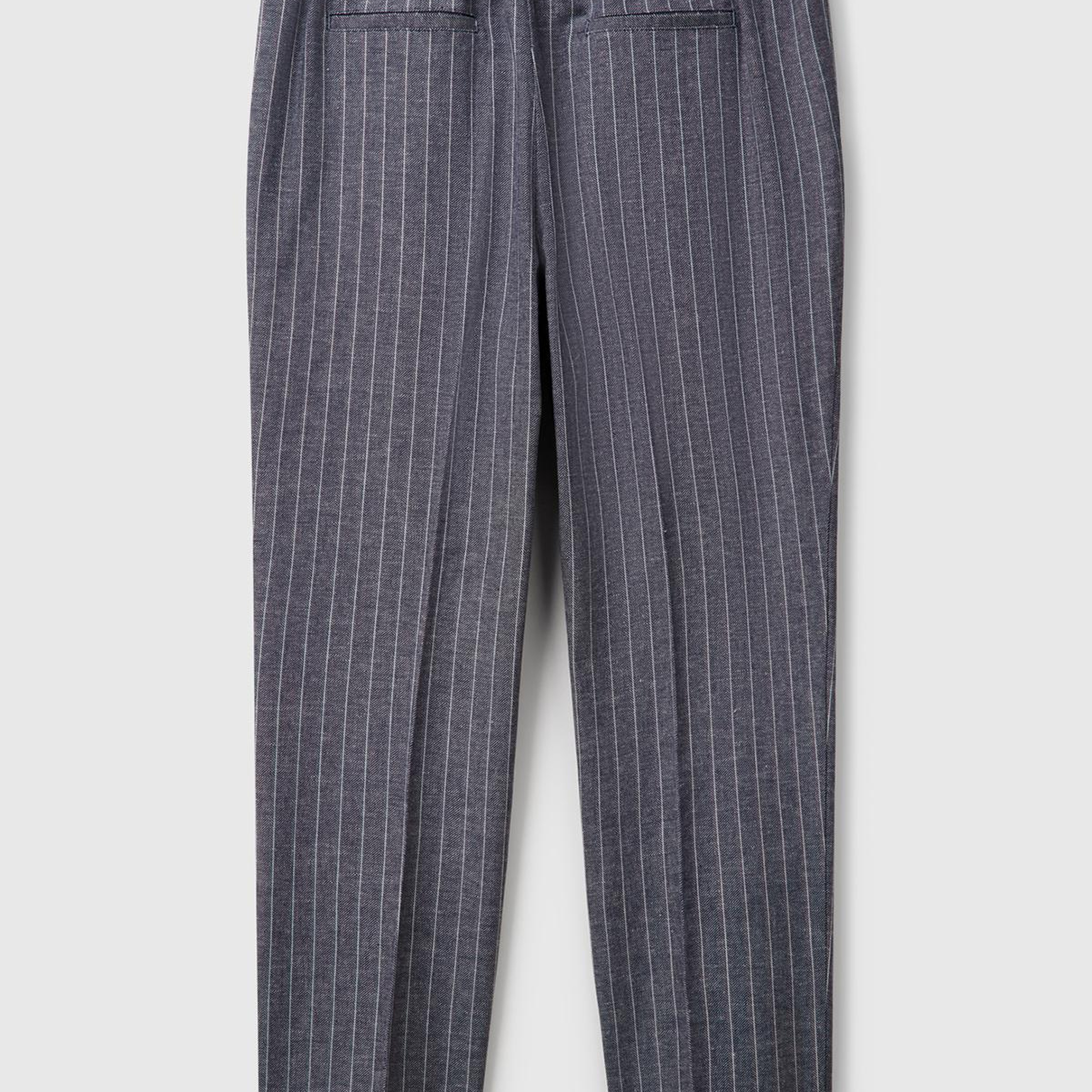 Kadın Lacivert Pamuk ve Keten Karışımlı İnce Çizgili Regular Fit Pantolon