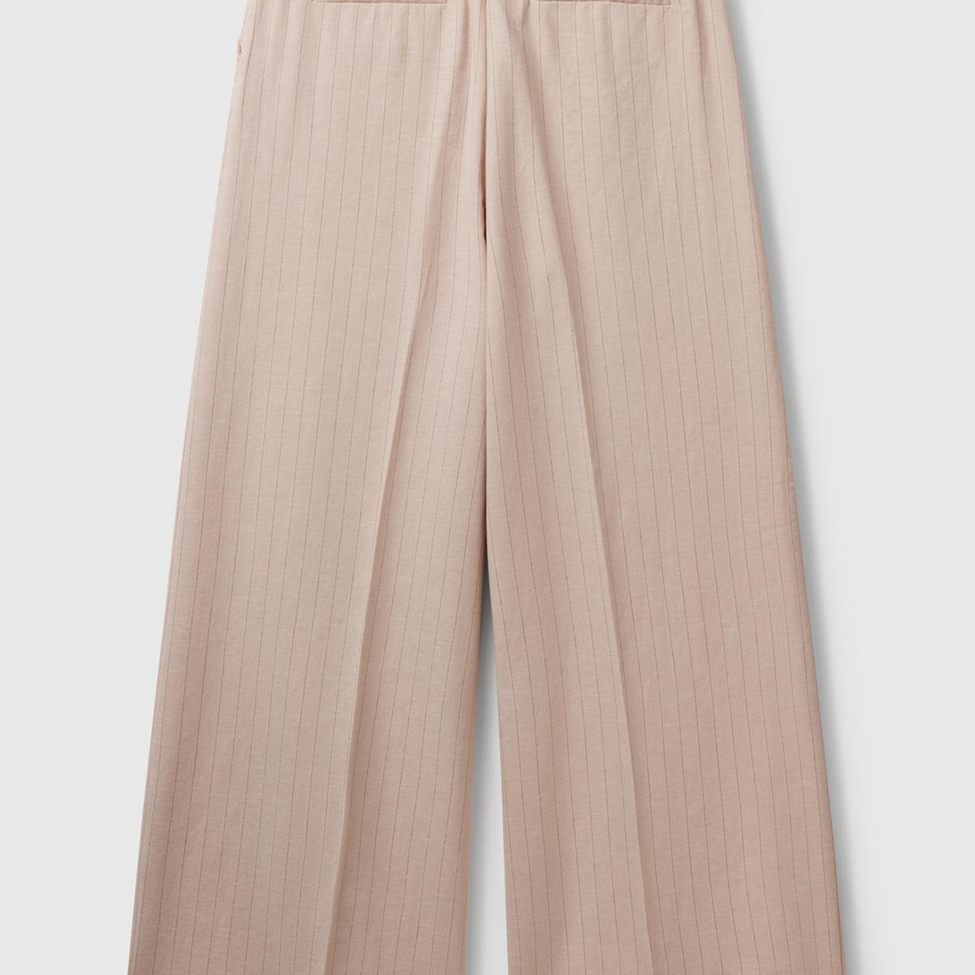 Kadın Bej Pamuk ve Keten Karışımlı İnce Çizgili Palazzo Pantolon