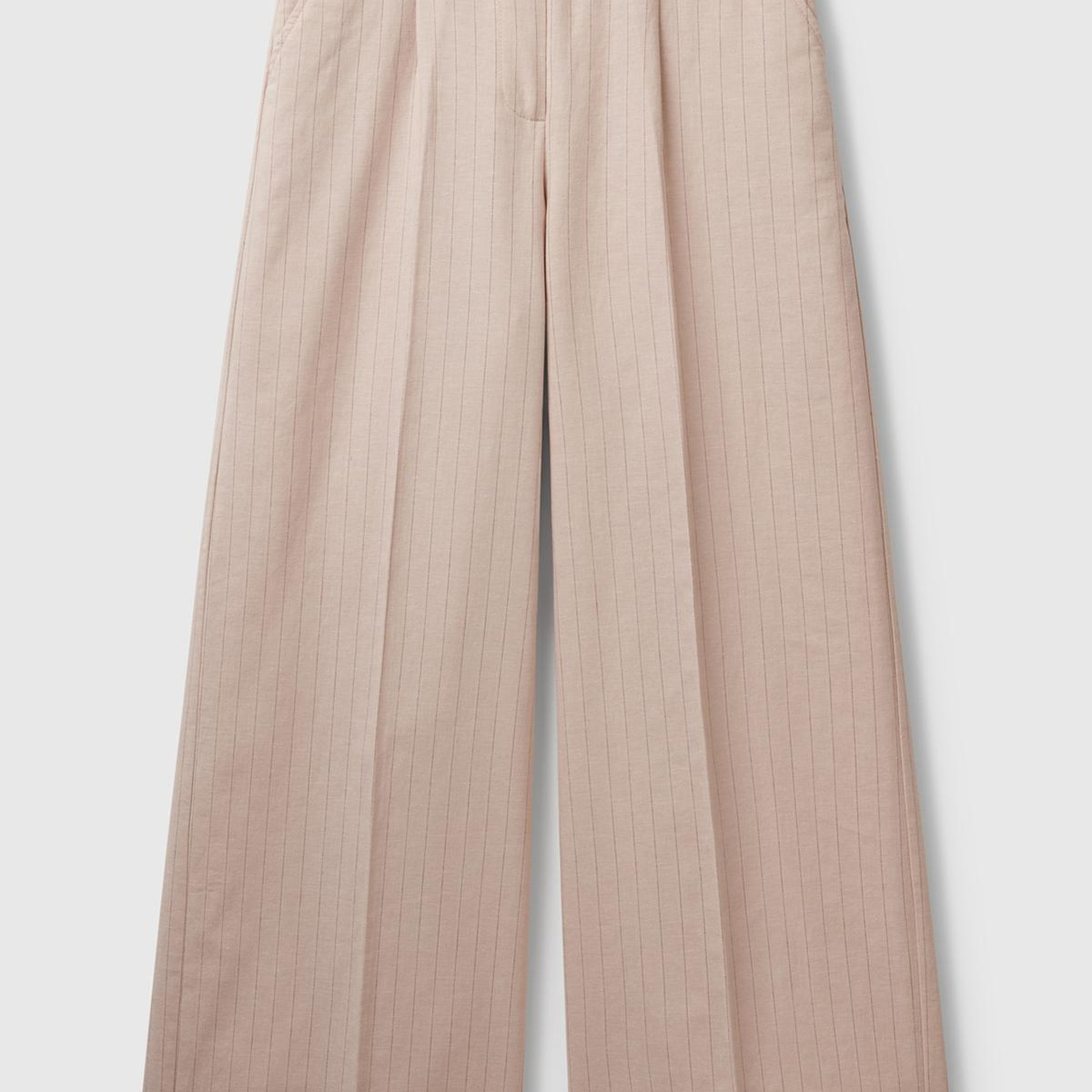 Kadın Bej Pamuk ve Keten Karışımlı İnce Çizgili Palazzo Pantolon