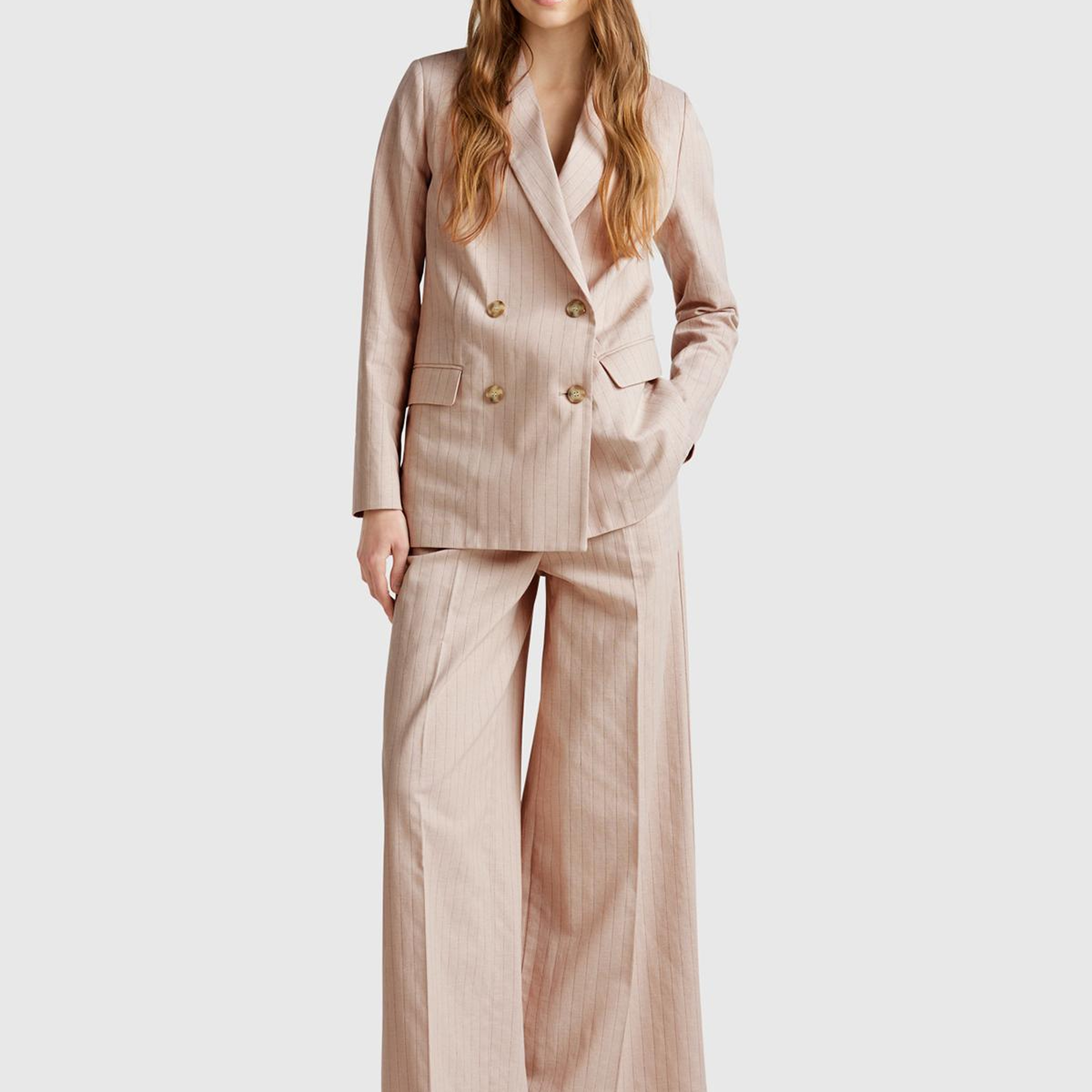 Kadın Bej Pamuk ve Keten Karışımlı İnce Çizgili Palazzo Pantolon