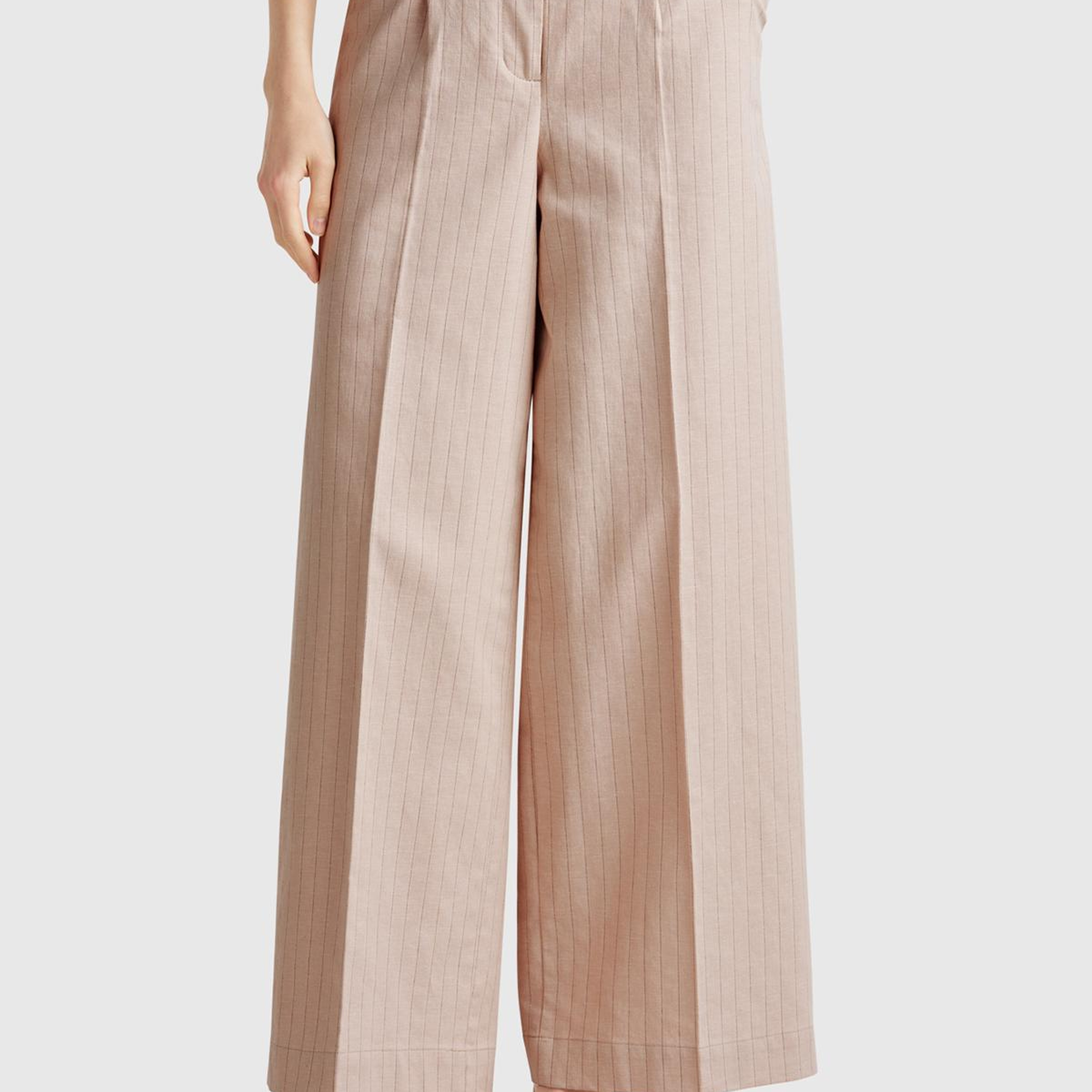 Kadın Bej Pamuk ve Keten Karışımlı İnce Çizgili Palazzo Pantolon