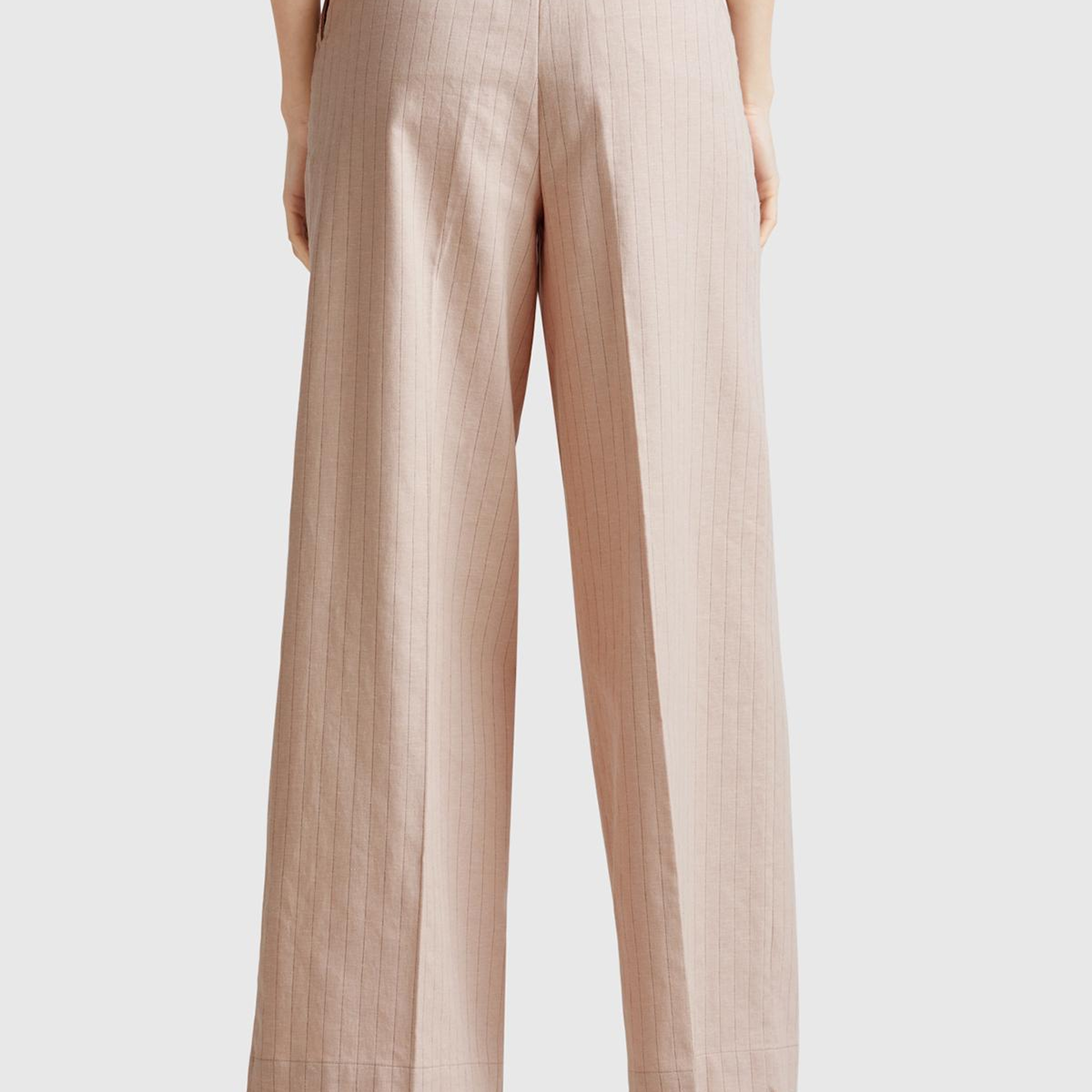 Kadın Bej Pamuk ve Keten Karışımlı İnce Çizgili Palazzo Pantolon